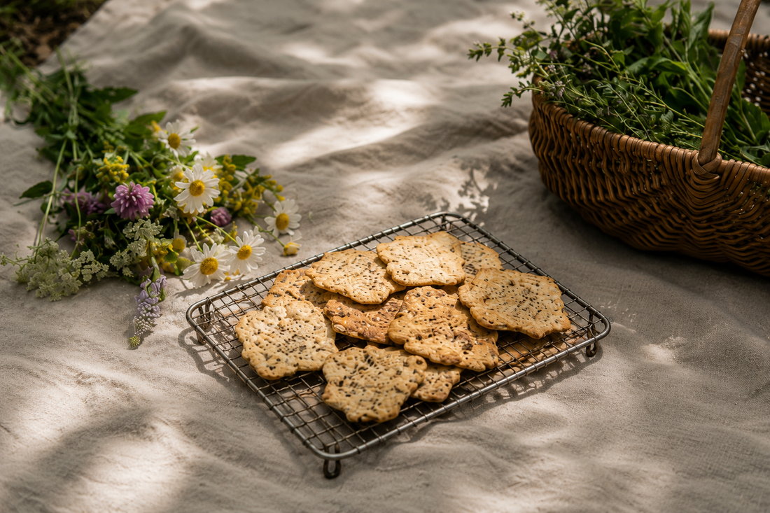 Sourdough discard crackers cooling on a wire rack outdoors beside wildflowers and a basket of herbs