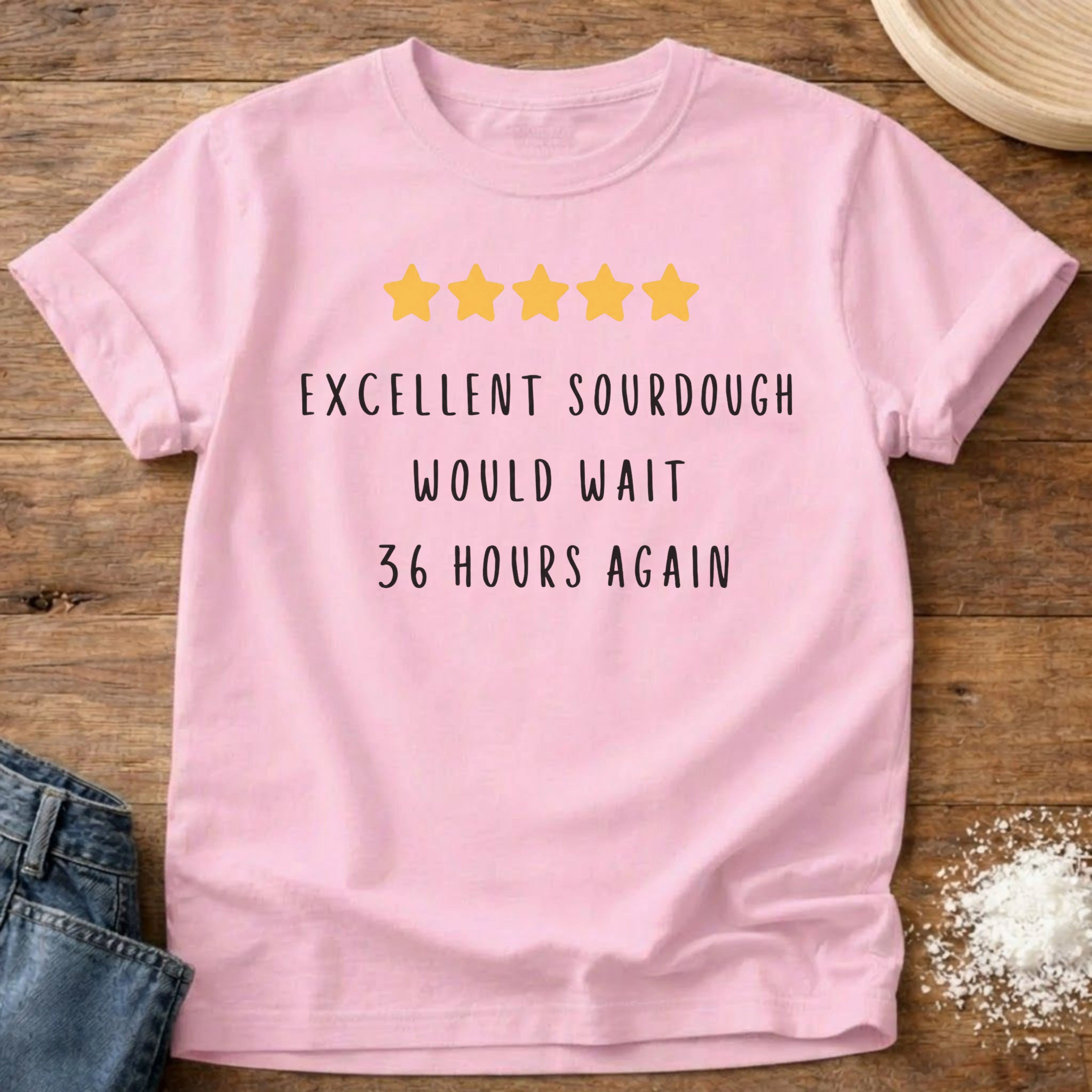 Knead More Fun 5 Star Would Wait sourdough t-shirt in Blossom