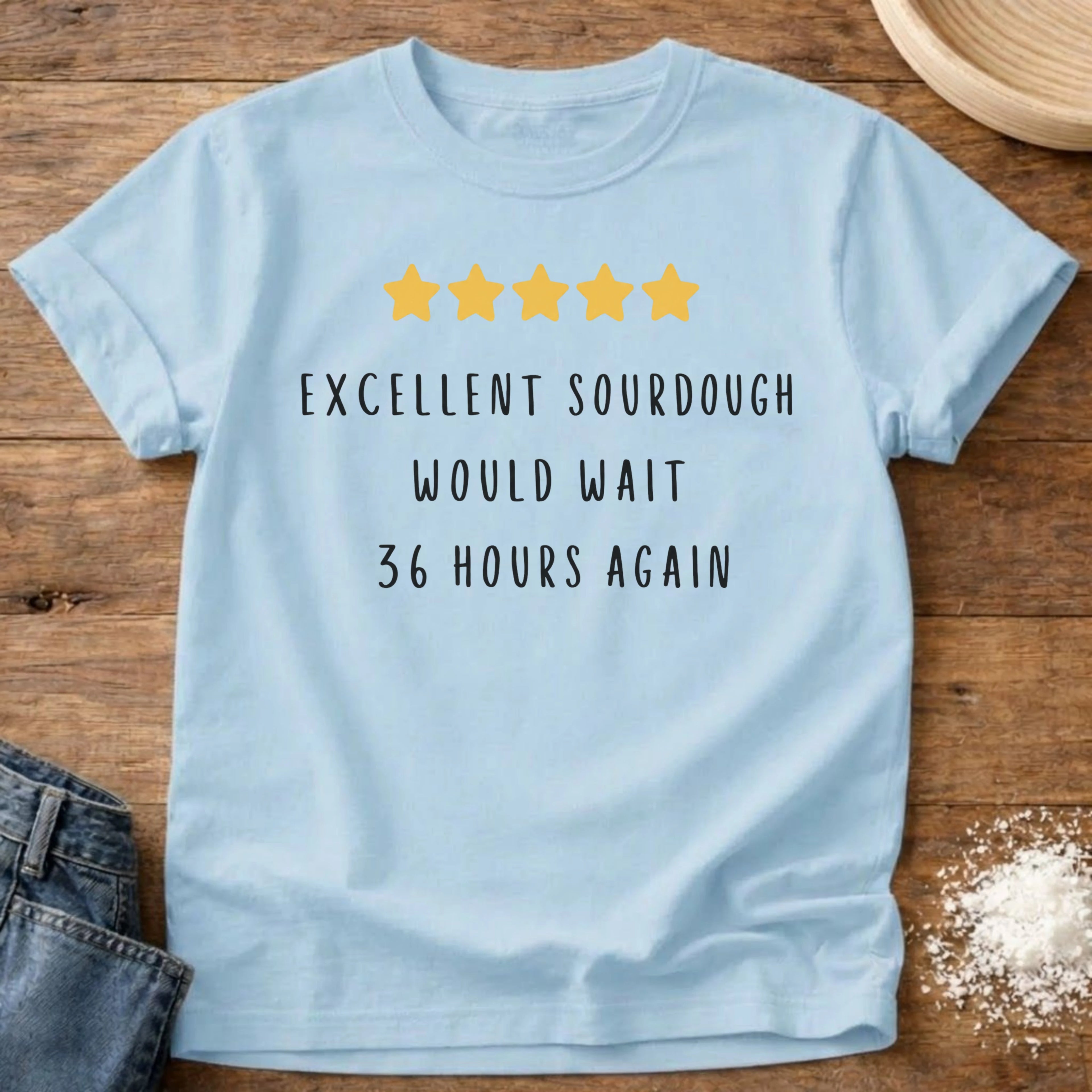 Knead More Fun 5 Star Would Wait sourdough t-shirt in Chambray