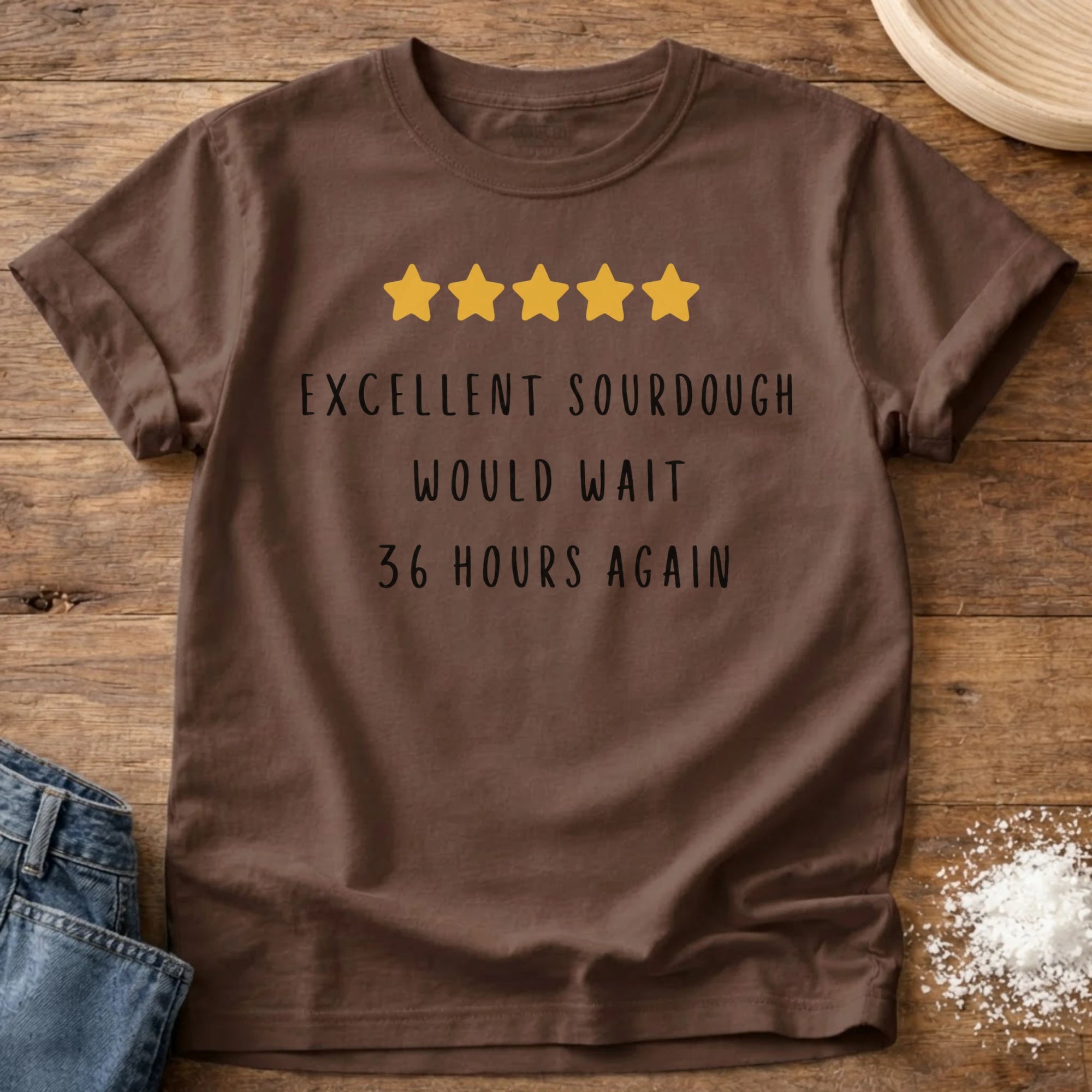 Knead More Fun 5 Star Would Wait sourdough t-shirt in Espresso