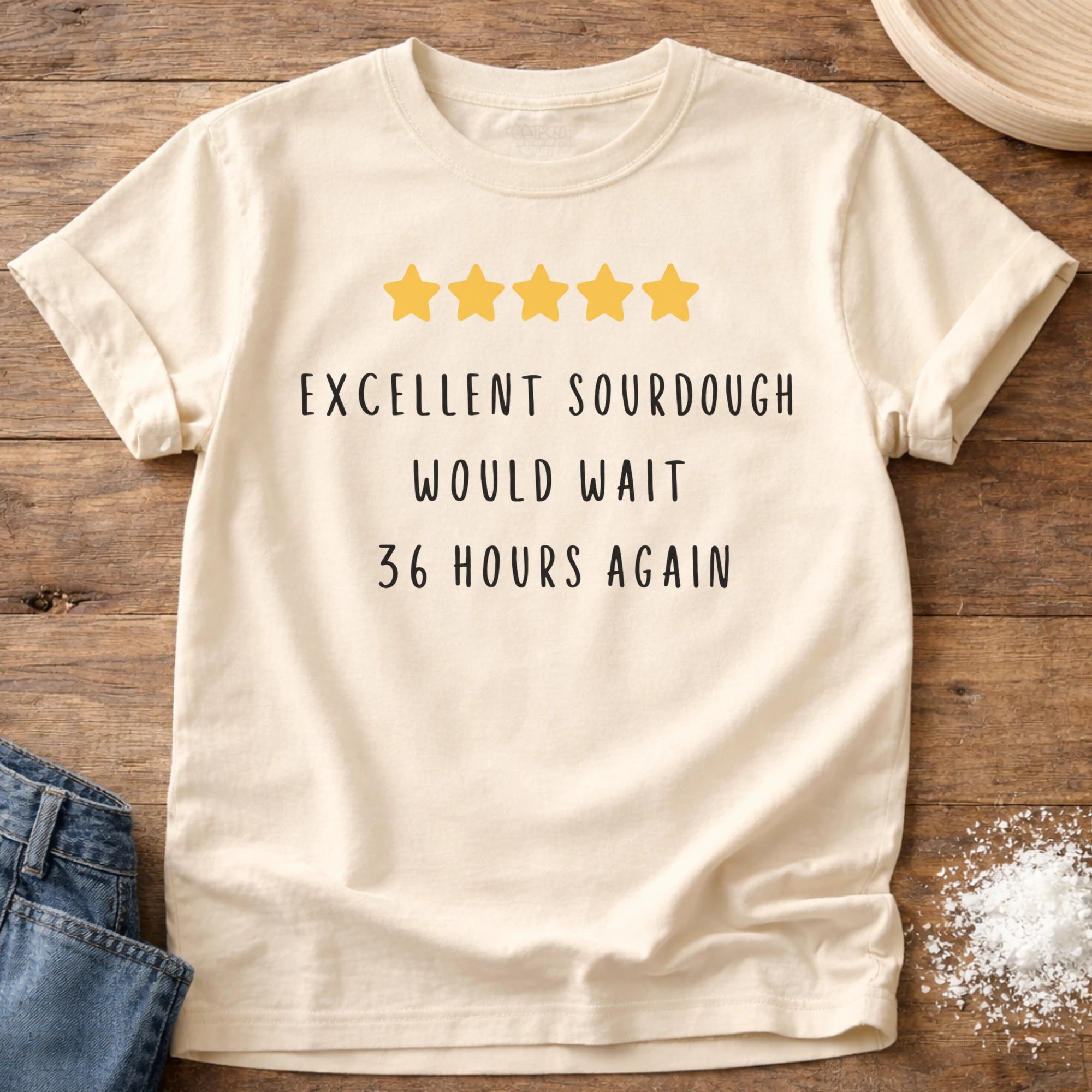 Knead More Fun 5 Star Would Wait sourdough t-shirt in Ivory