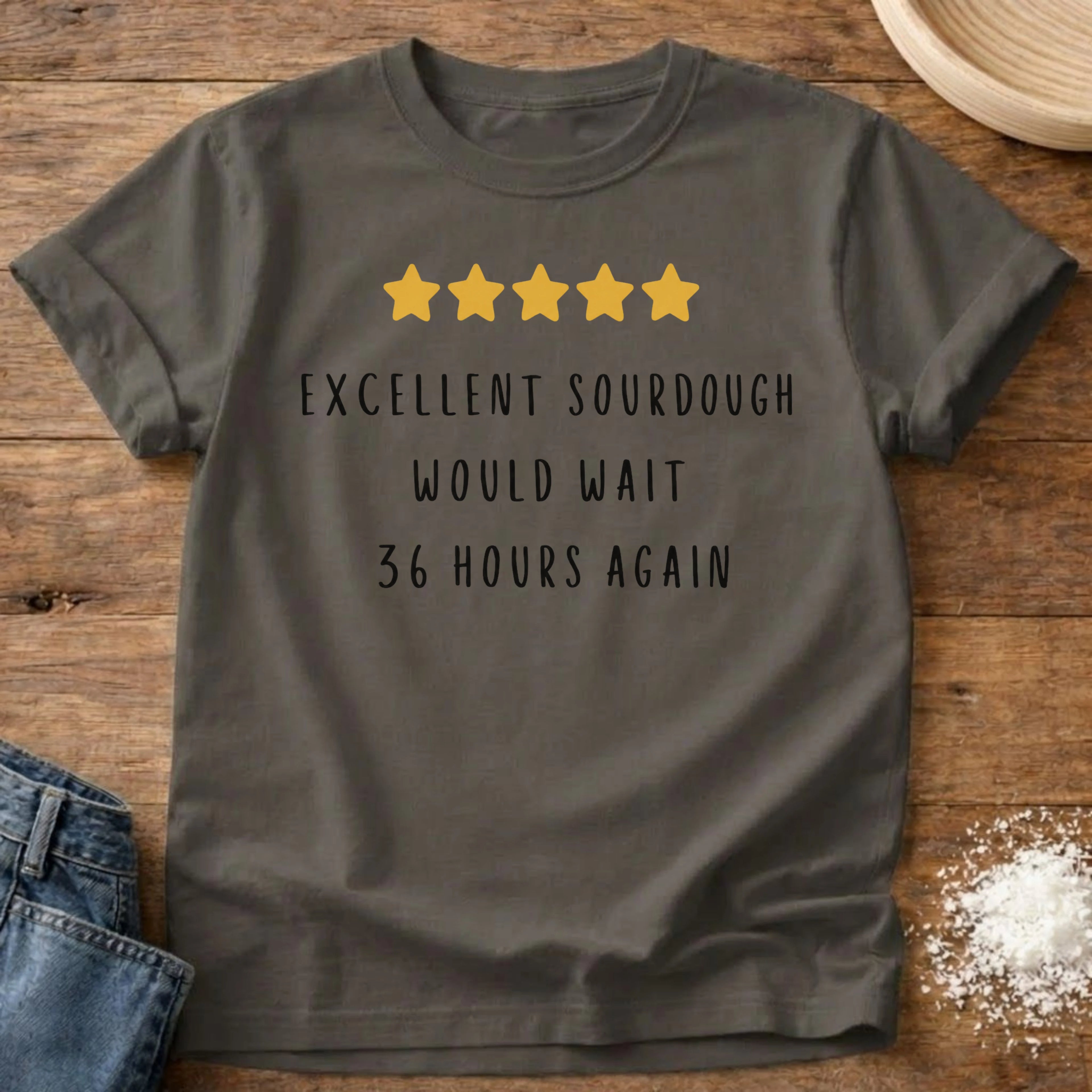 Knead More Fun 5 Star Would Wait sourdough t-shirt in Pepper