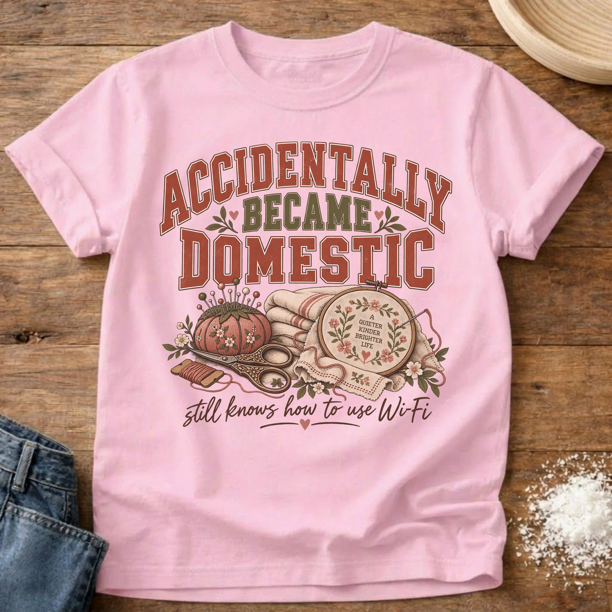 Knead More Fun Accidentally Became Domestic sewing and embroidery t-shirt in Blossom