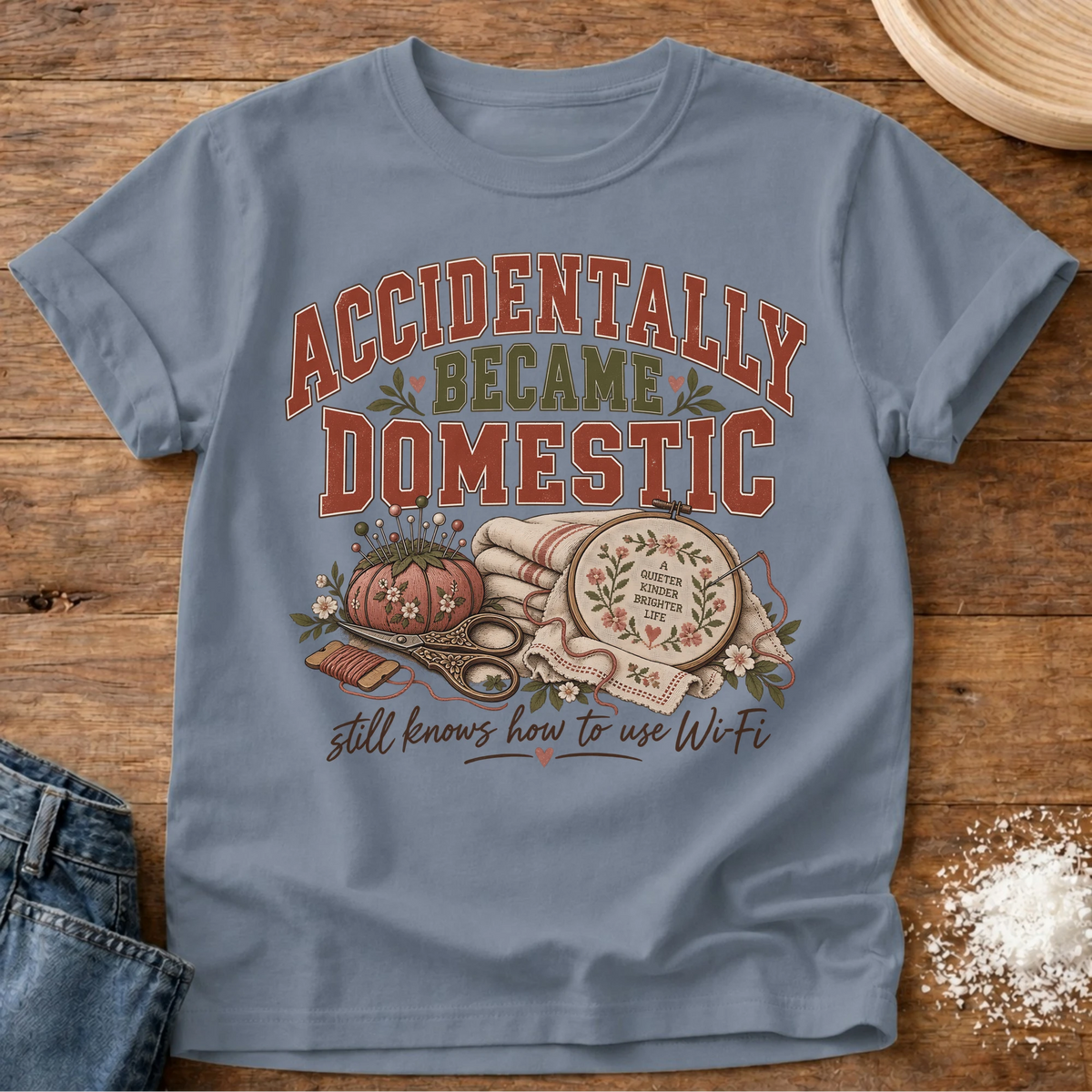 Knead More Fun Accidentally Became Domestic sewing and embroidery t-shirt in Blue Jean