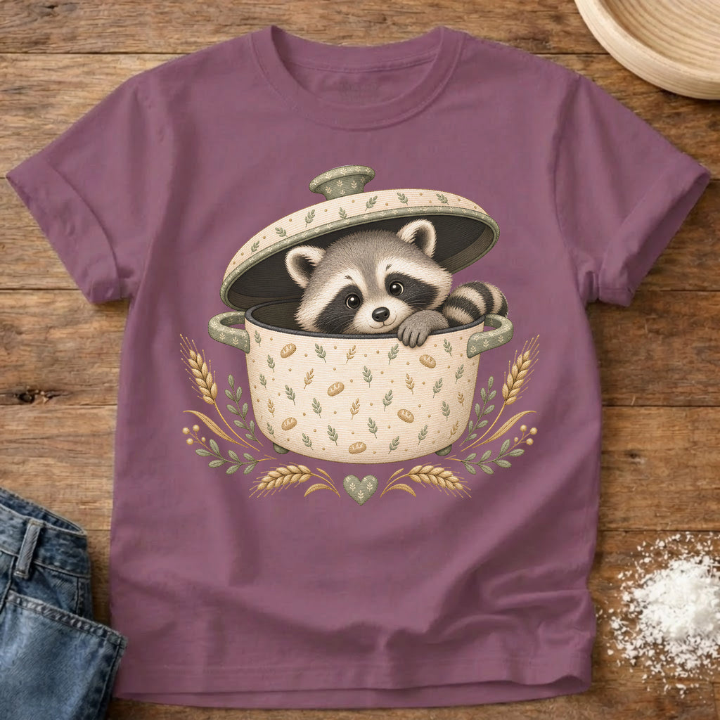 Knead More Fun Adorable Fall Raccoon t-shirt in Berry