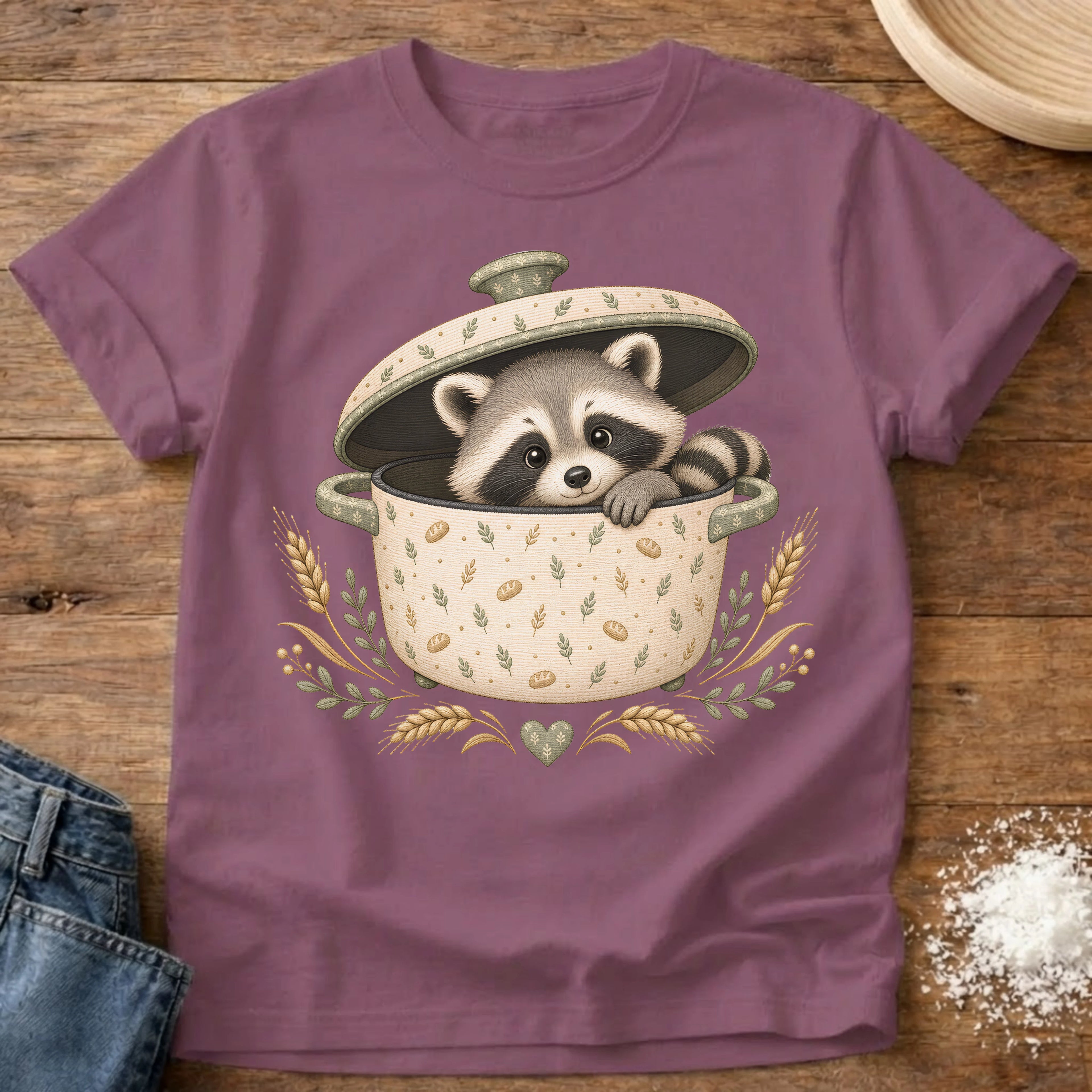 Knead More Fun Adorable Fall Raccoon t-shirt in Berry