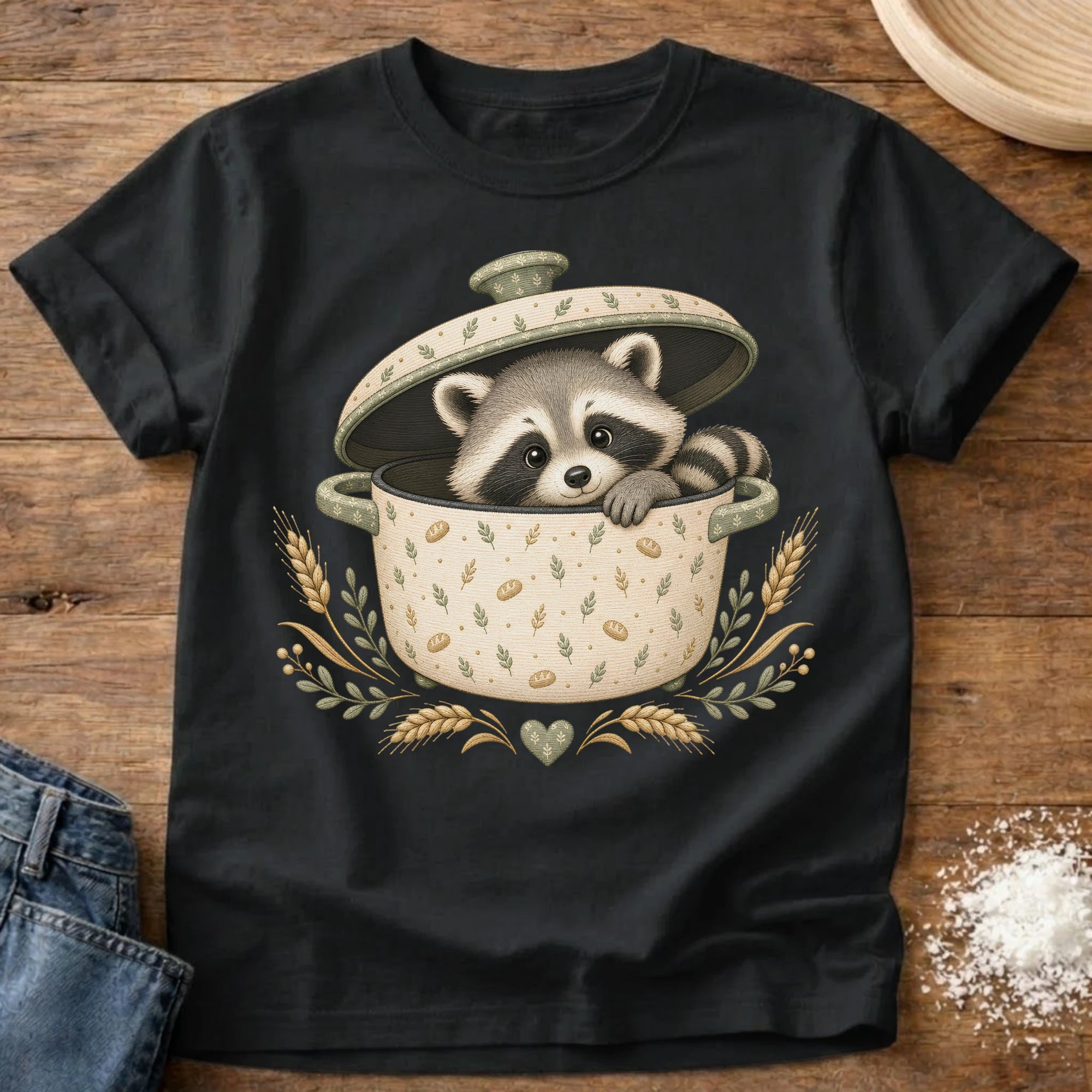 Knead More Fun Adorable Fall Raccoon t-shirt in Black