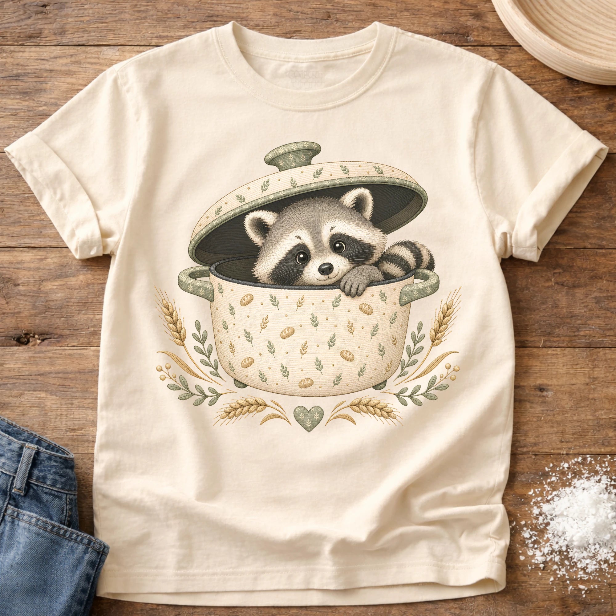 Knead More Fun Adorable Fall Raccoon t-shirt in Ivory