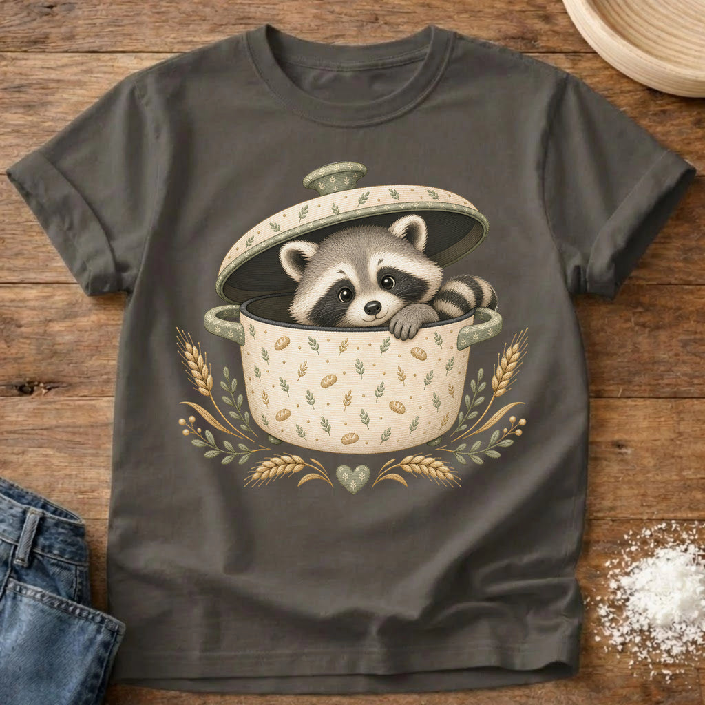 Knead More Fun Adorable Fall Raccoon t-shirt in Pepper