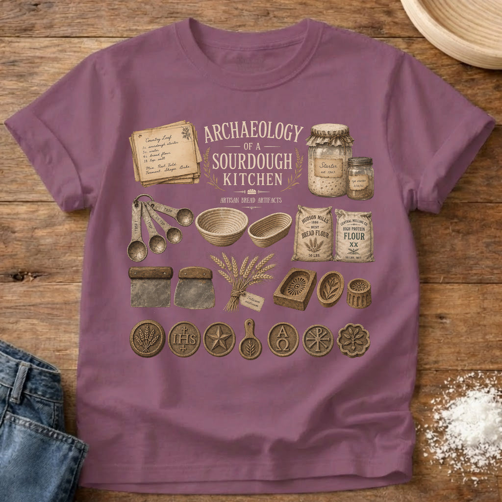 Knead More Fun Archaeology of a Sourdough Kitchen sourdough t-shirt in Berry