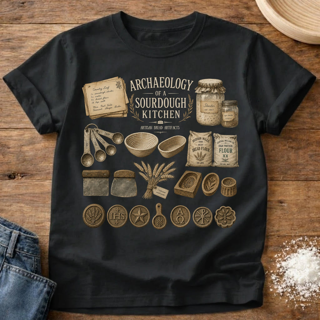 Knead More Fun Archaeology of a Sourdough Kitchen sourdough t-shirt in Black