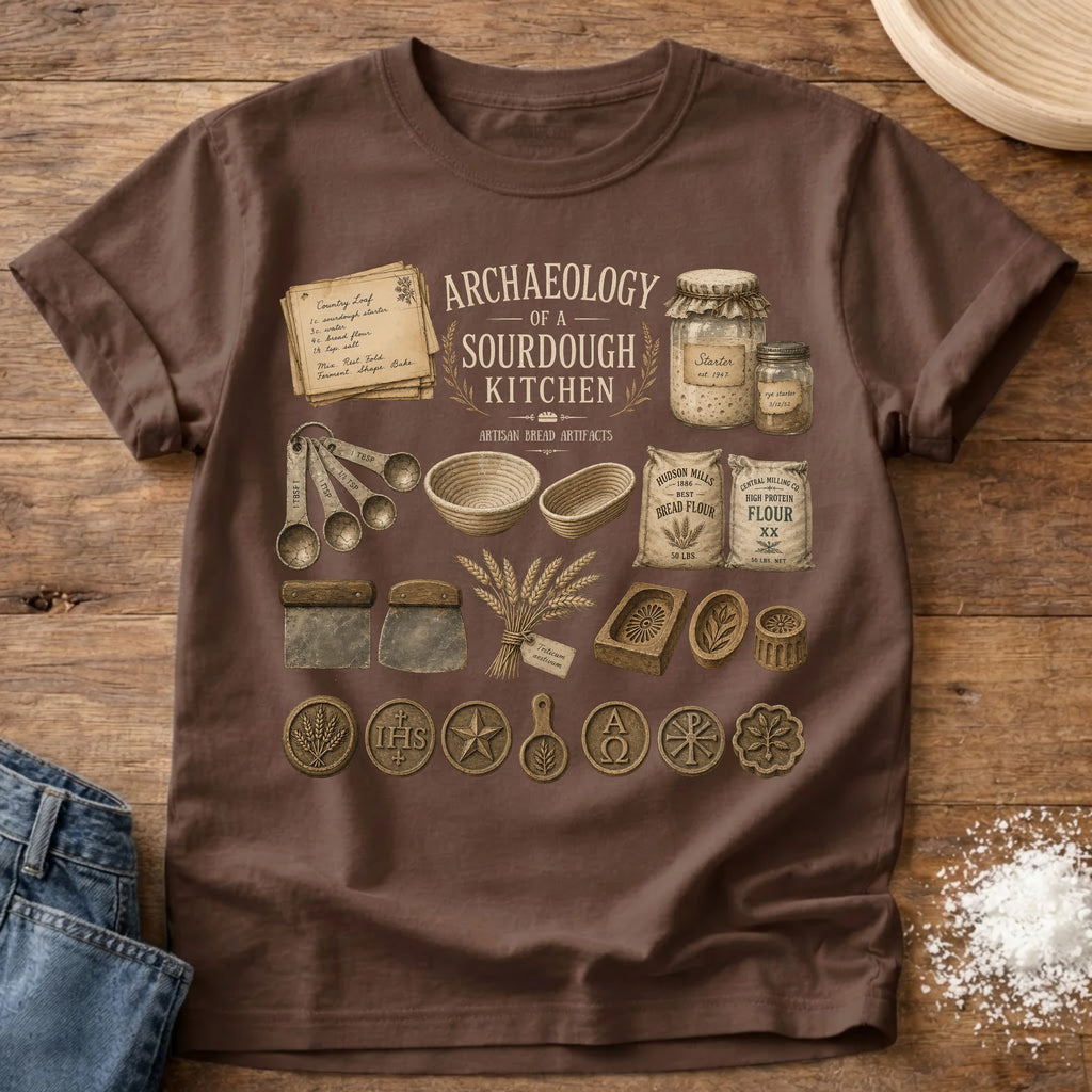 Knead More Fun Archaeology of a Sourdough Kitchen sourdough t-shirt in Espresso