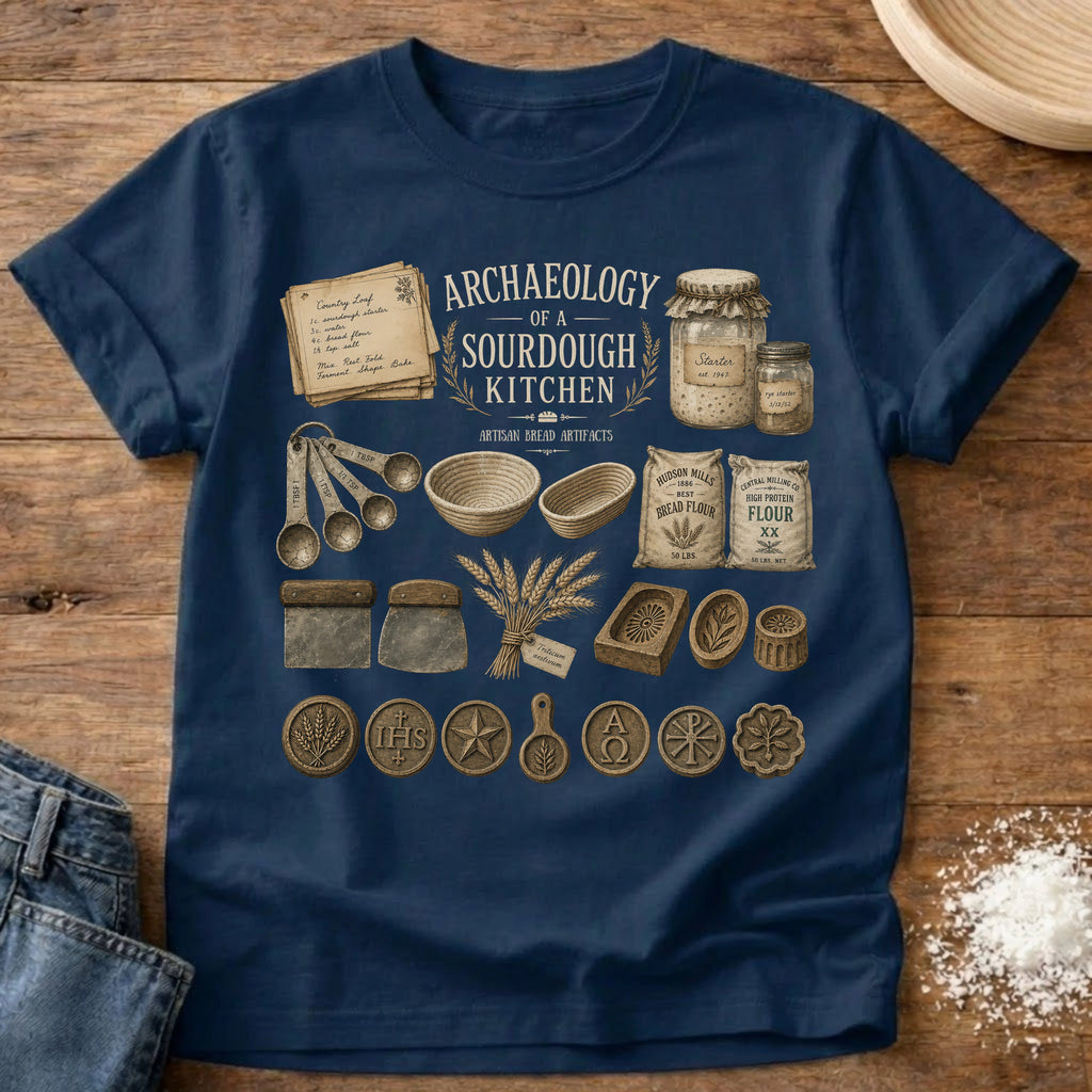 Knead More Fun Archaeology of a Sourdough Kitchen sourdough t-shirt in Navy