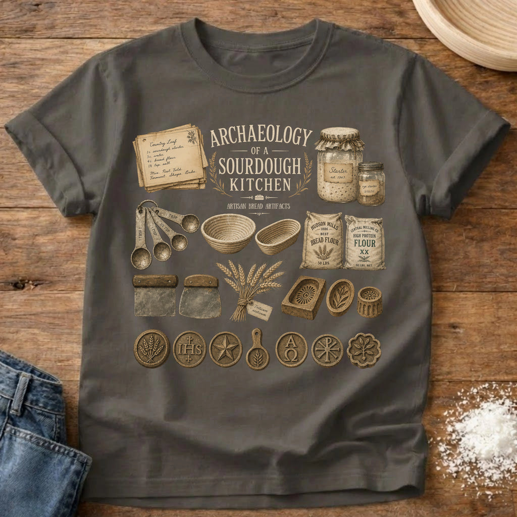 Knead More Fun Archaeology of a Sourdough Kitchen sourdough t-shirt in Pepper