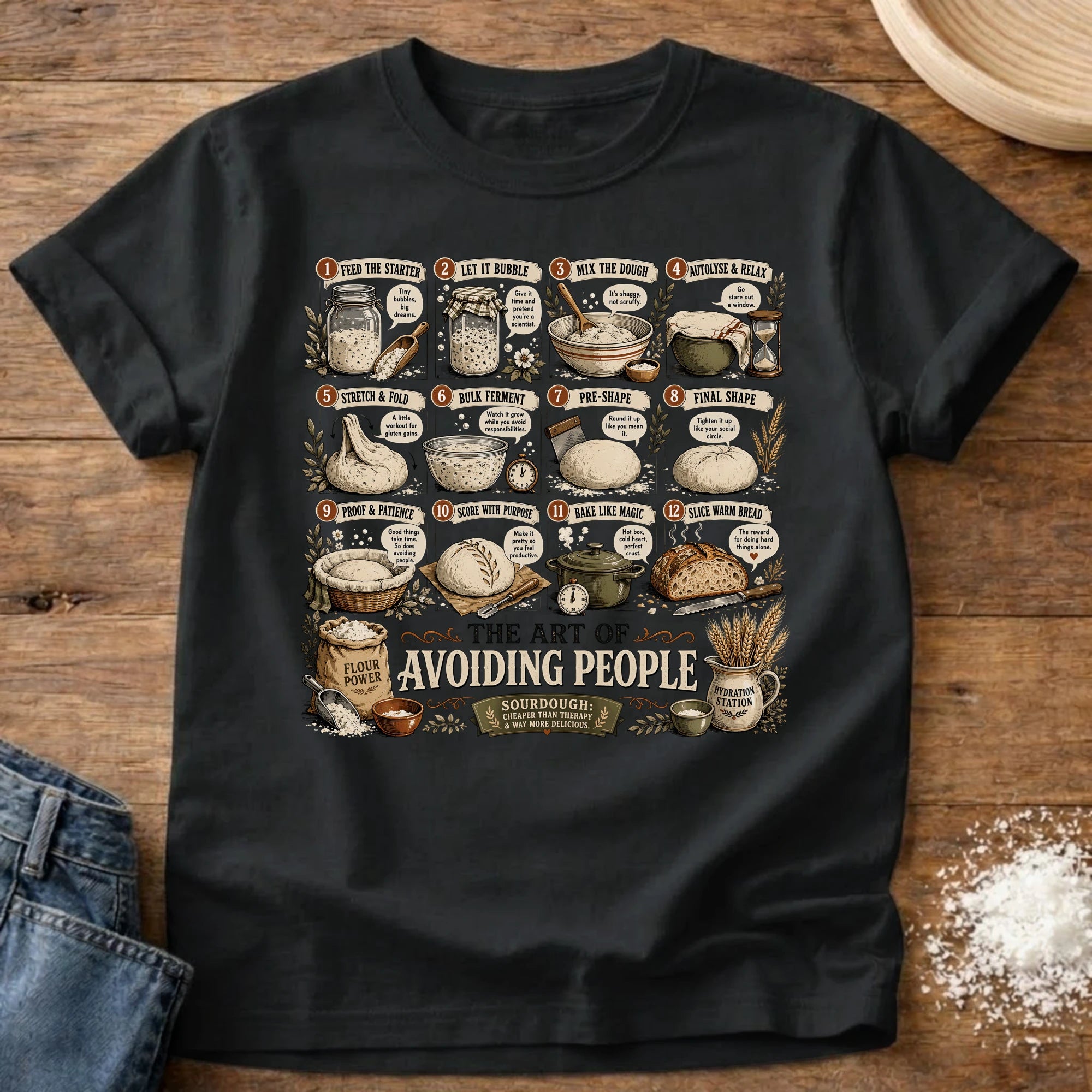 Knead More Fun Art of Avoiding People sourdough t-shirt in Black