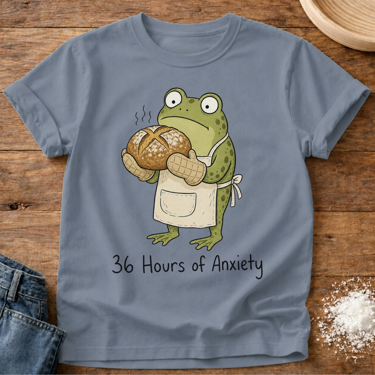 Knead More Fun Baking Panic graphic t-shirt in Blue Jean