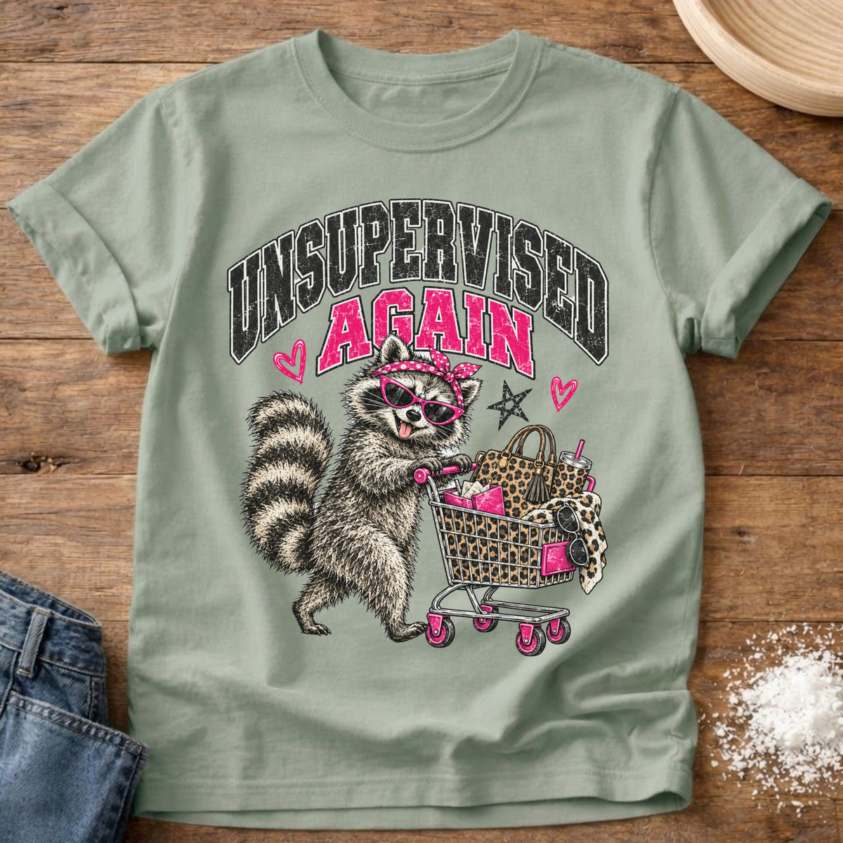 Knead More Fun Unsupervised Thrifting Raccoon t-shirt in Bay