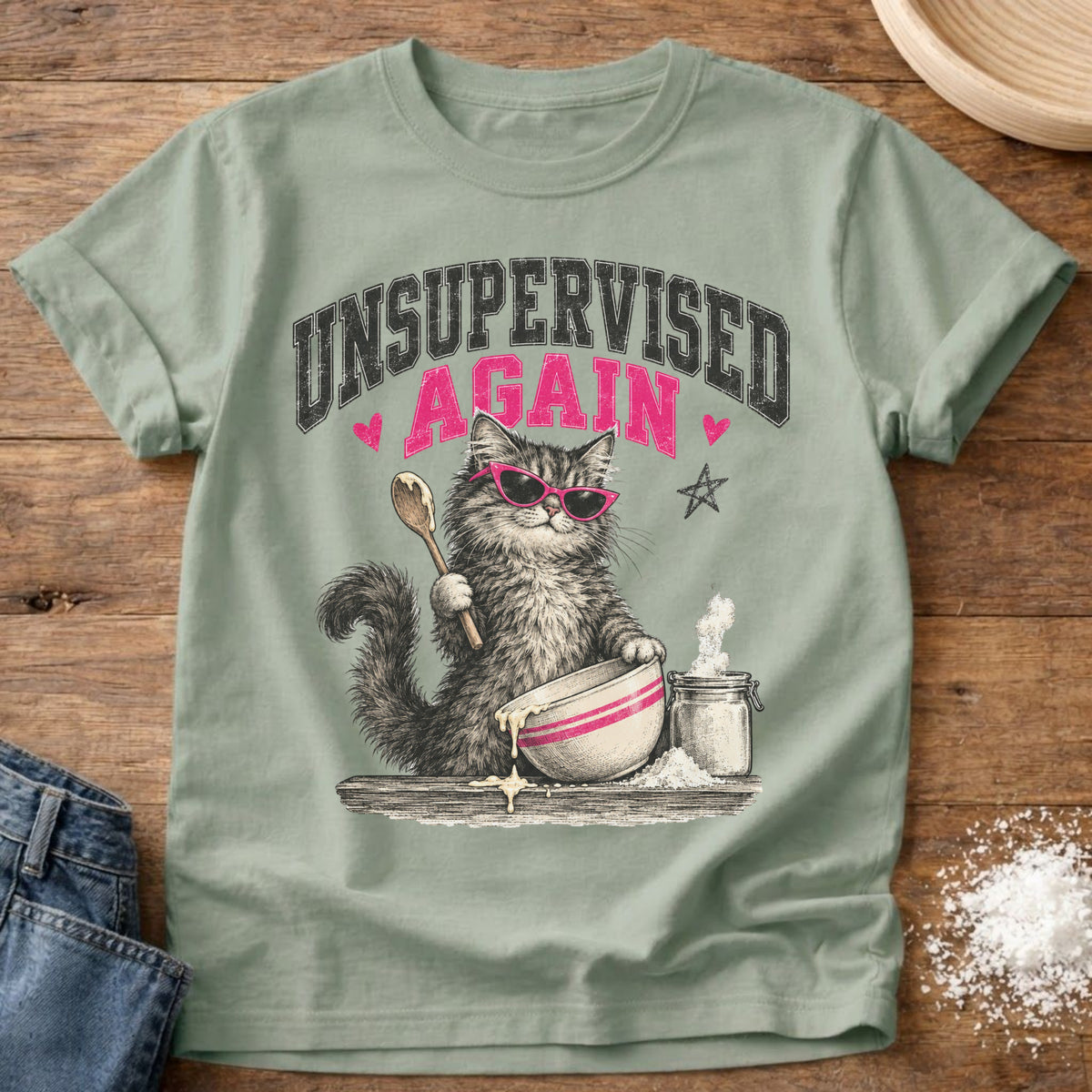 Knead More Fun Unsupervised Baking Cat t-shirt in Bay