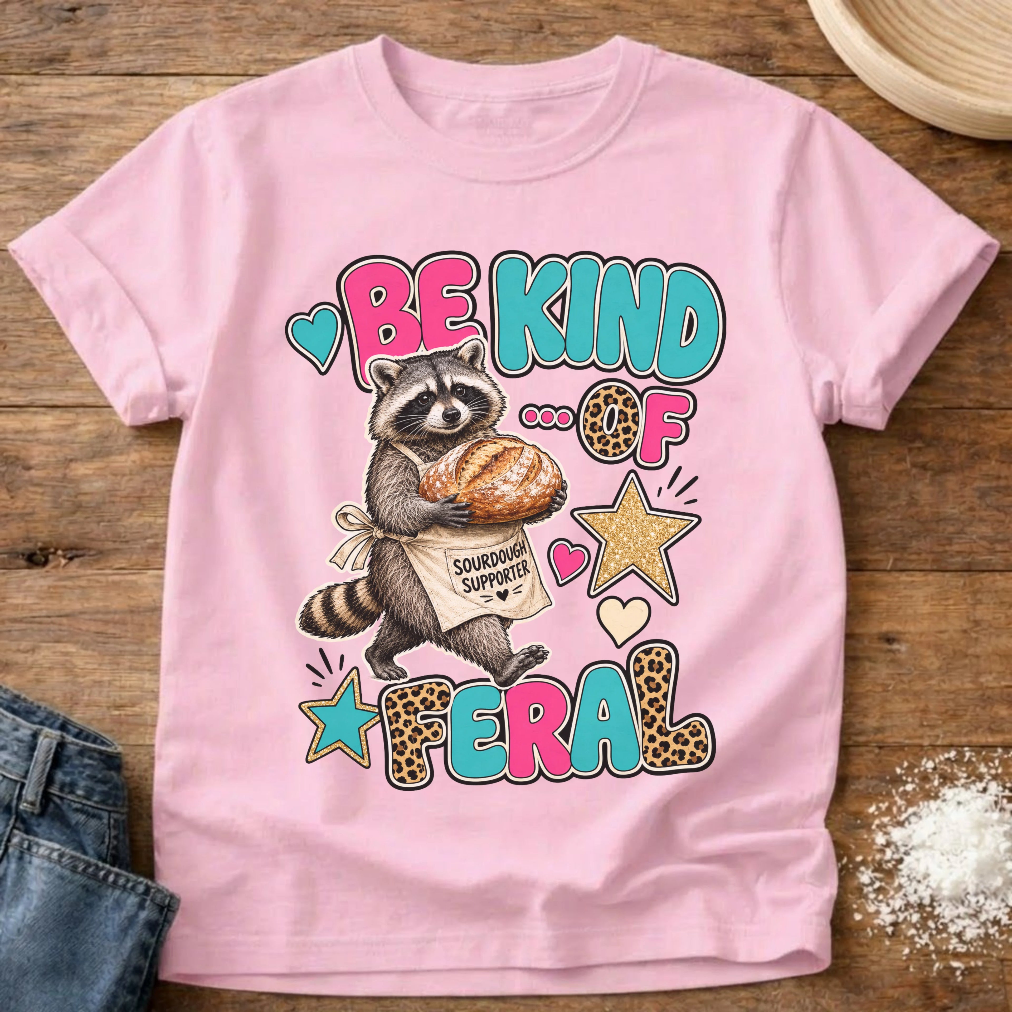 Knead More Fun Be Kind of Feral sourdough t-shirt in Blossom