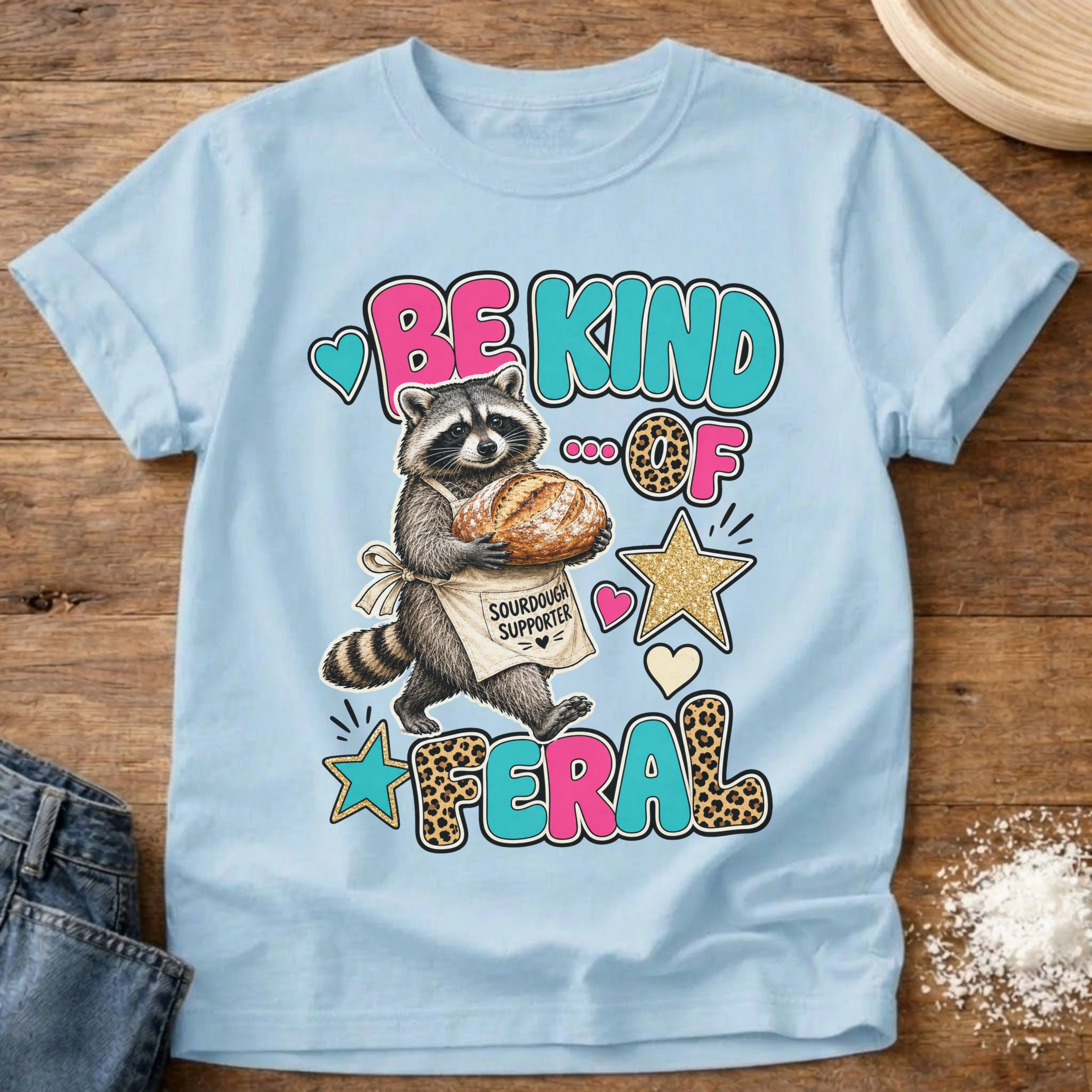 Knead More Fun Be Kind of Feral sourdough t-shirt in Chambray