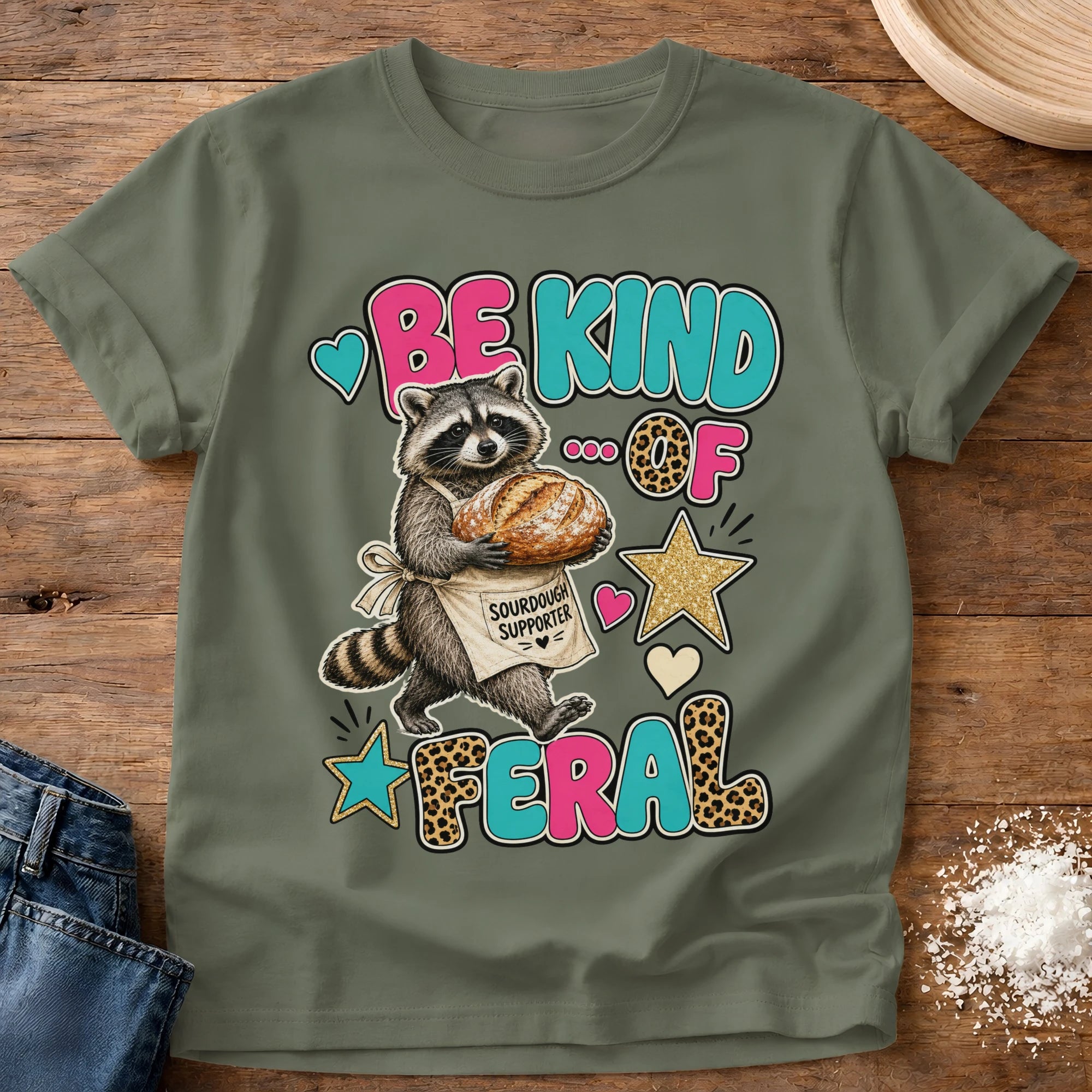 Knead More Fun Be Kind of Feral sourdough t-shirt in Moss