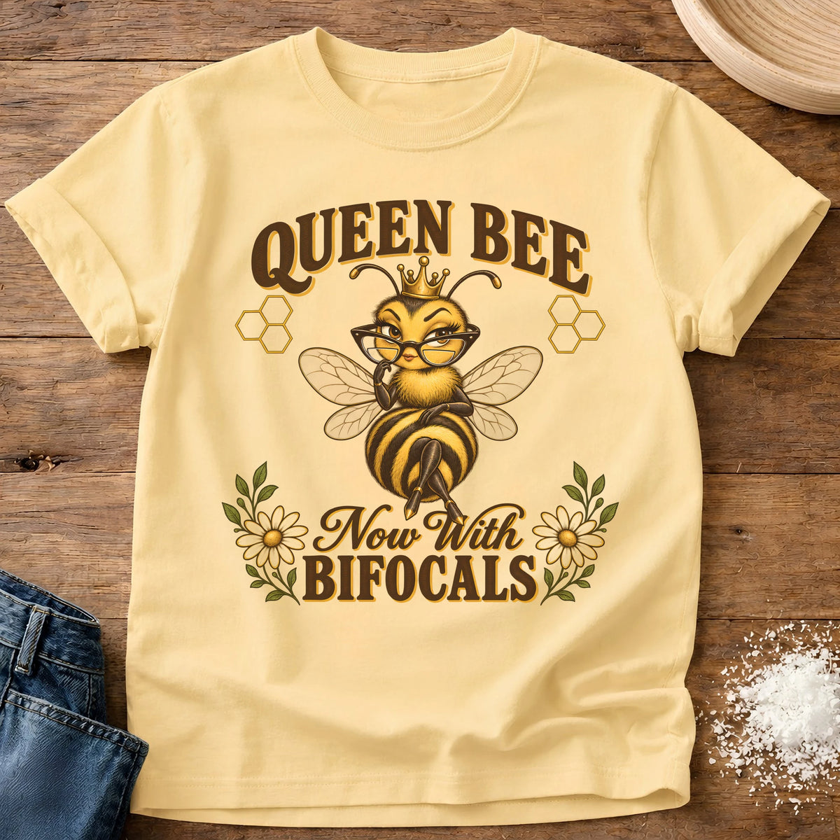Knead More Fun Bifocals Queen Bee t-shirt in Butter