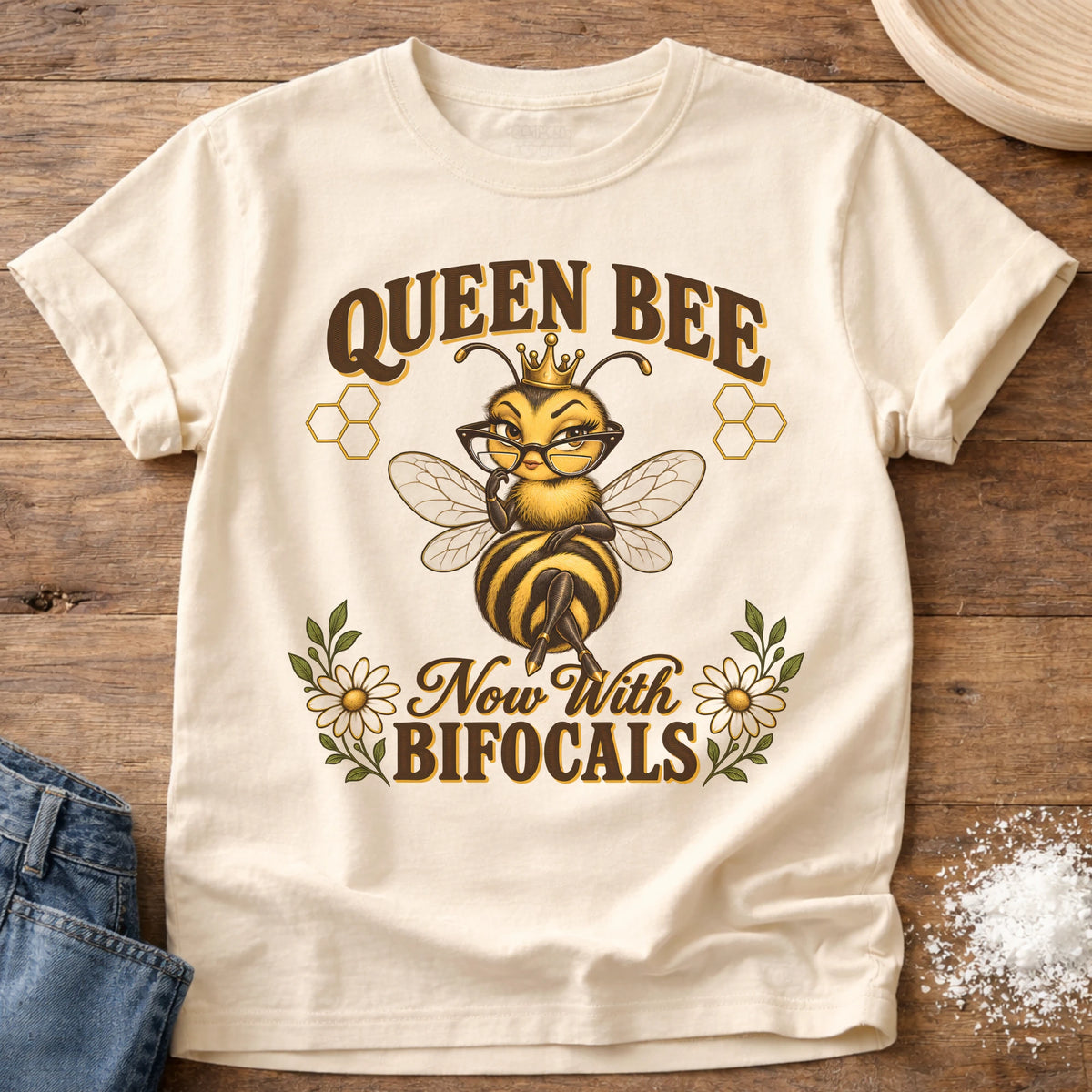 Knead More Fun Bifocals Queen Bee t-shirt in Ivory