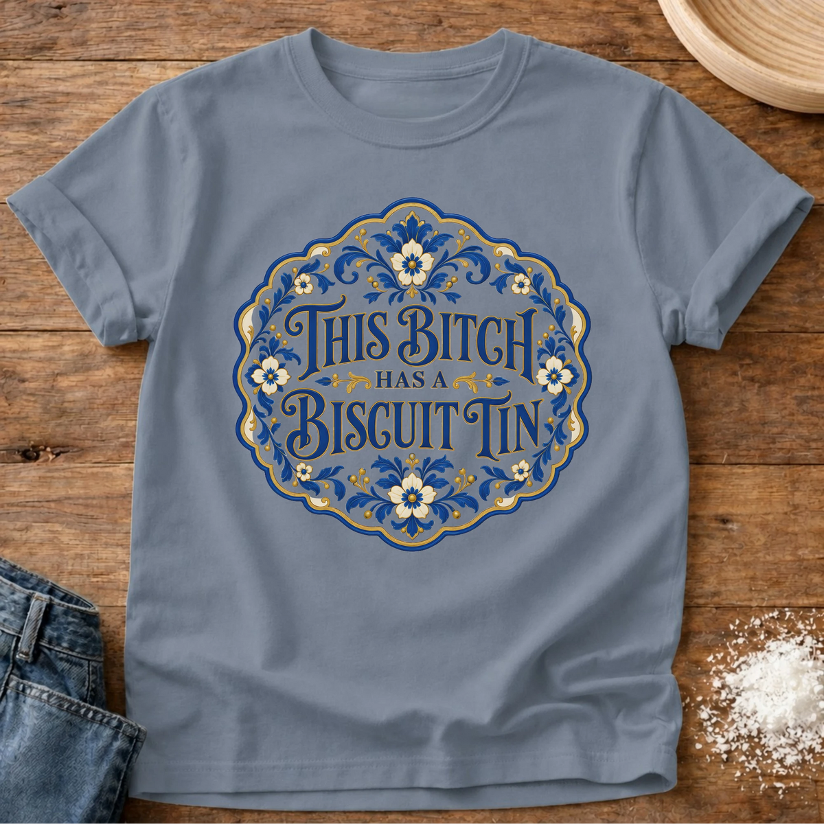 Knead More Fun Biscuit Tin t-shirt in Blue Jean