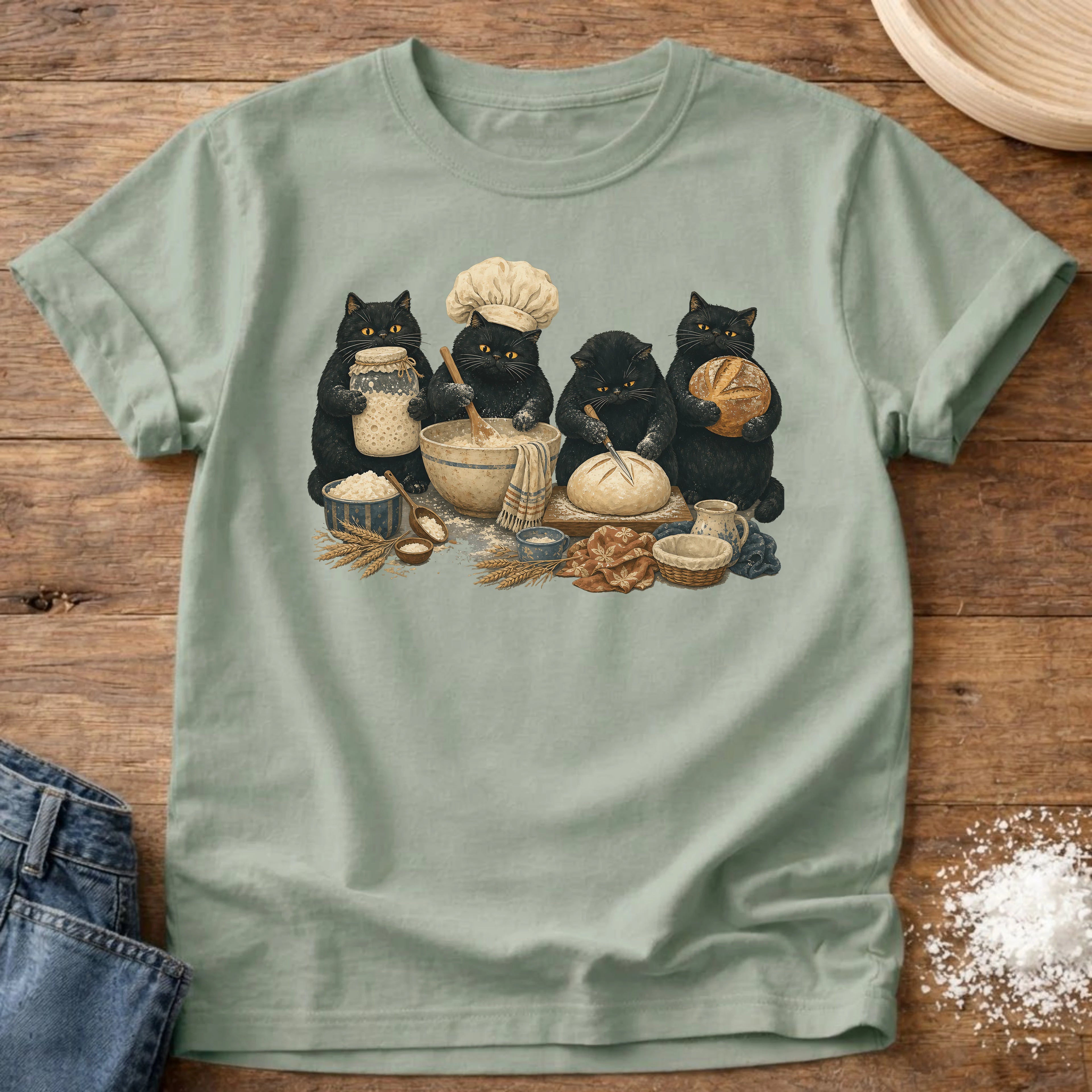 Knead More Fun Black Cat Bakers sourdough t-shirt in Bay