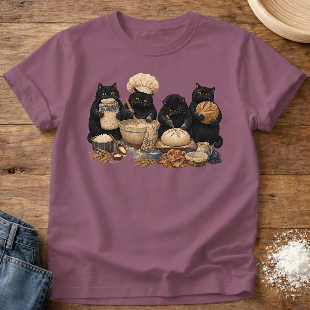 Knead More Fun Black Cat Bakers sourdough t-shirt in Berry