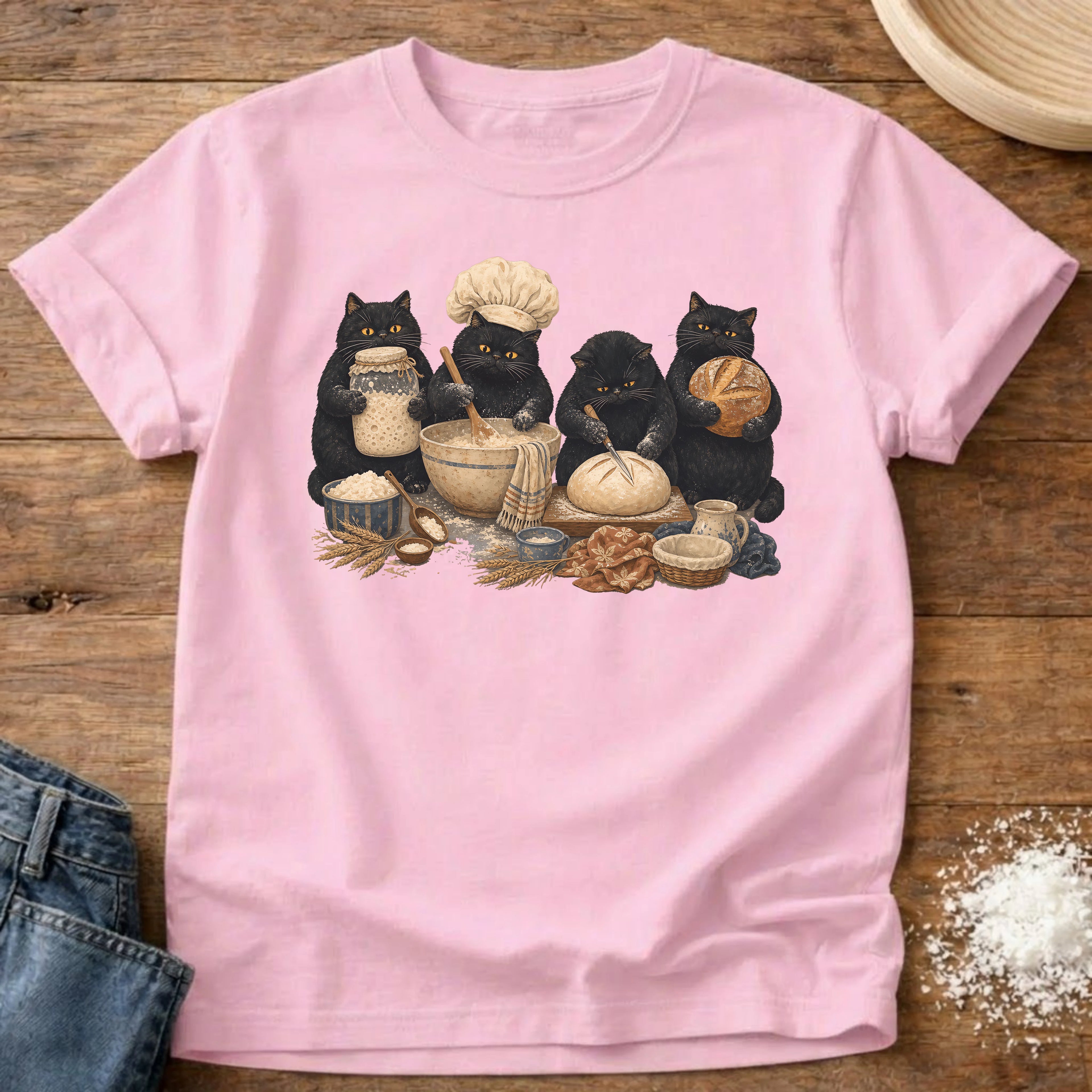 Knead More Fun Black Cat Bakers sourdough t-shirt in Blossom