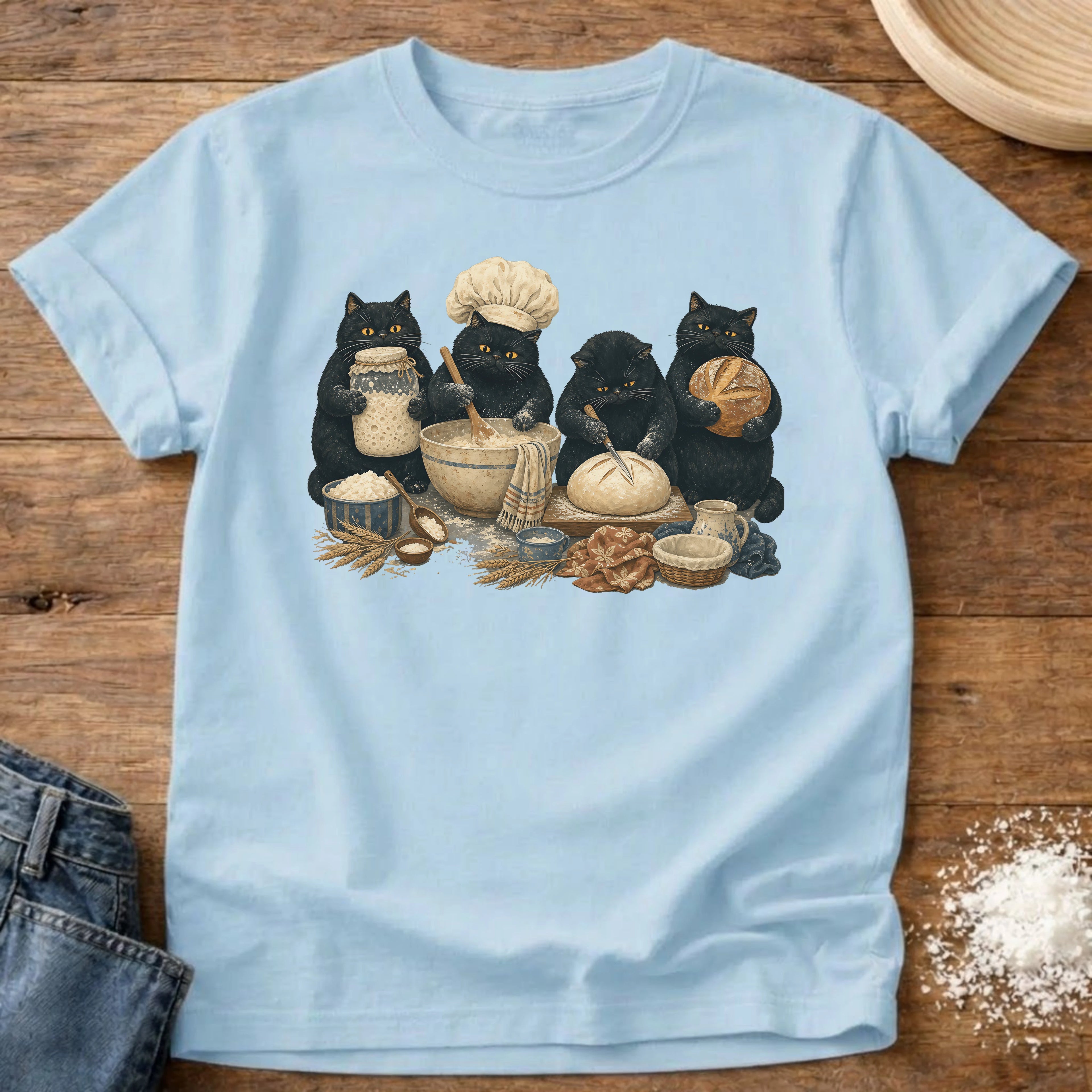 Knead More Fun Black Cat Bakers sourdough t-shirt in Chambray