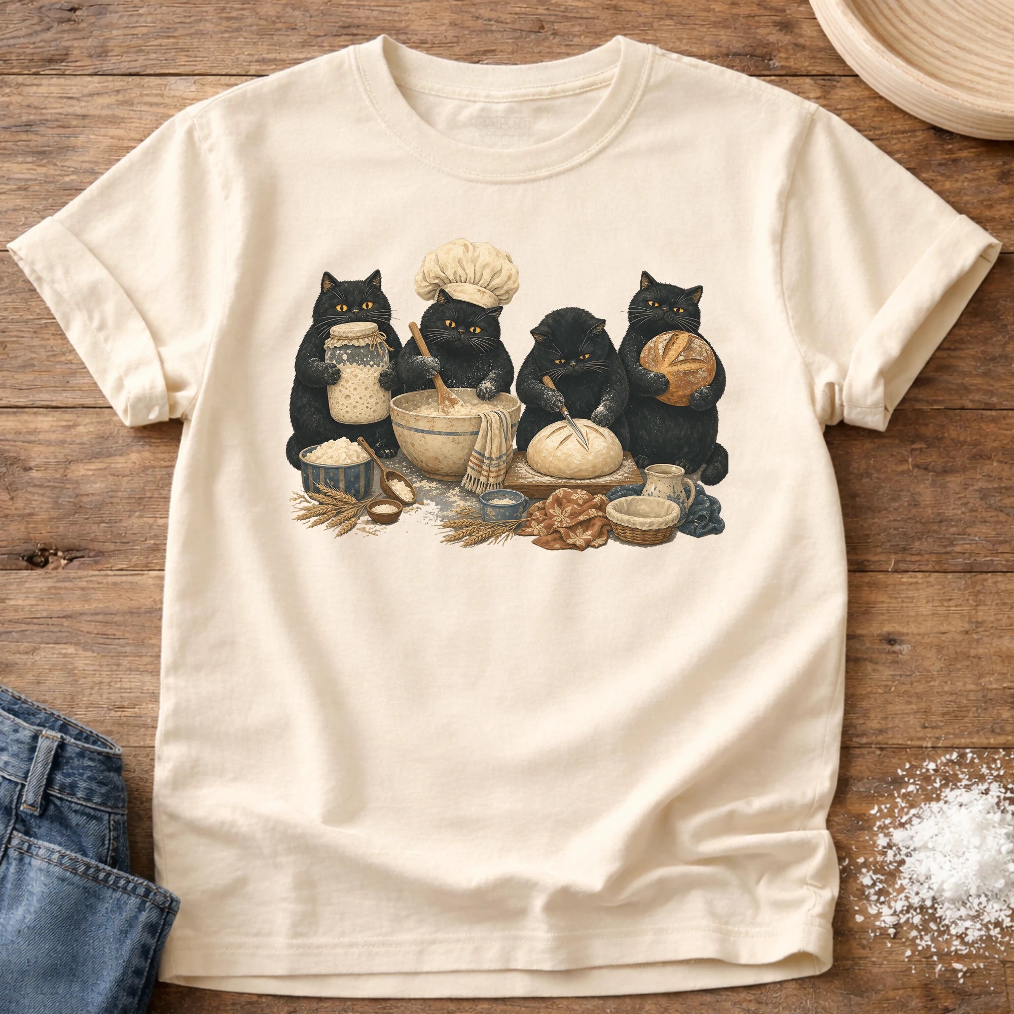 Knead More Fun Black Cat Bakers sourdough t-shirt in Ivory