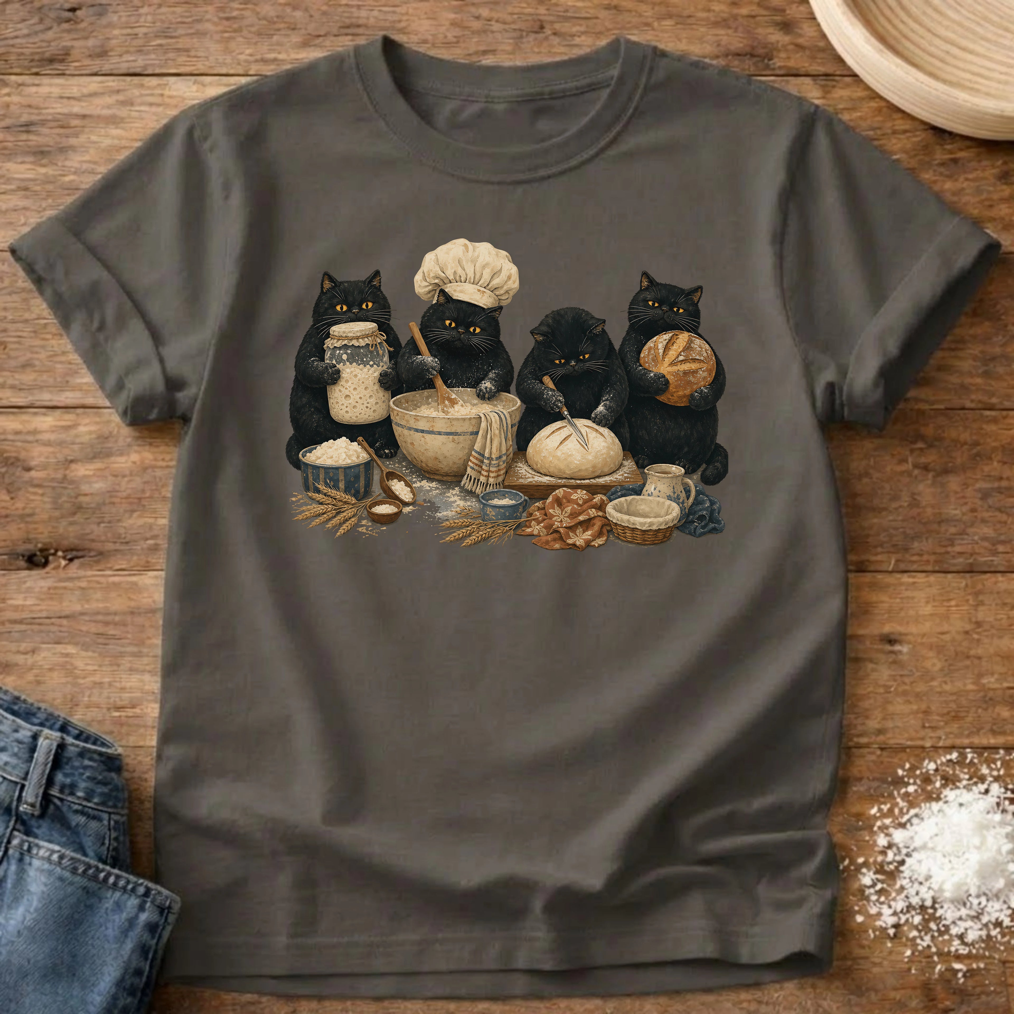 Knead More Fun Black Cat Bakers sourdough t-shirt in Pepper
