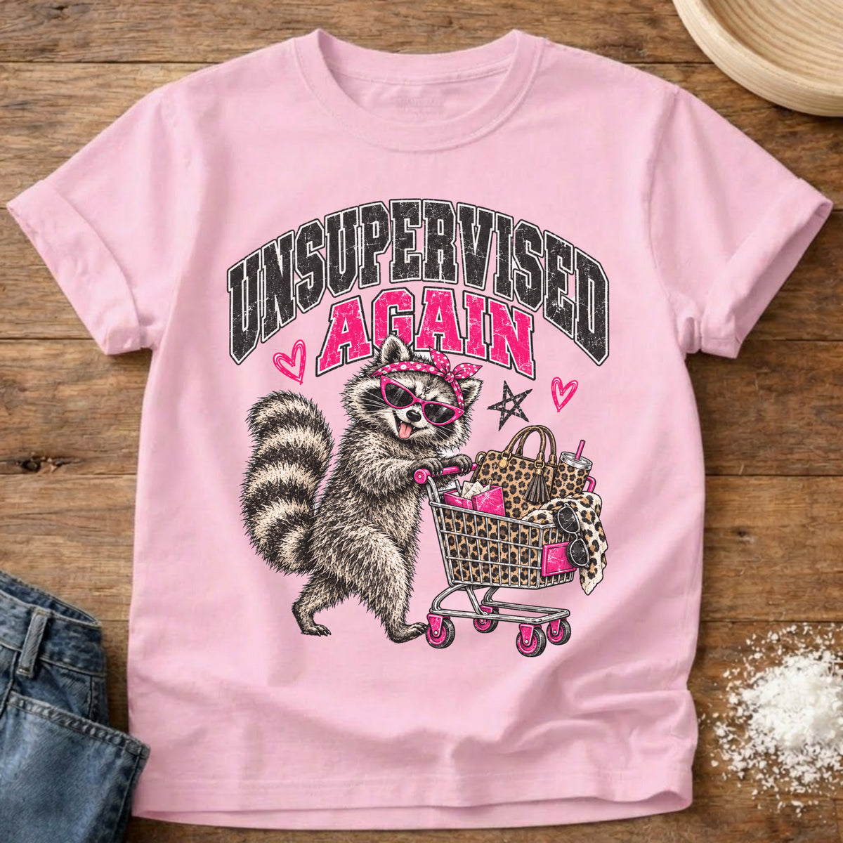 Knead More Fun Unsupervised Thrifting Raccoon t-shirt in Blossom
