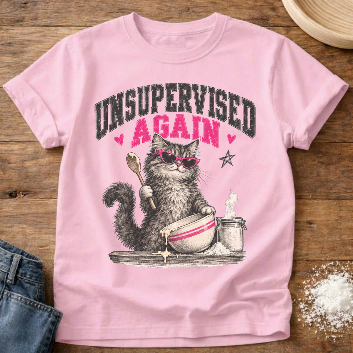 Knead More Fun Unsupervised Baking Cat t-shirt in Blossom