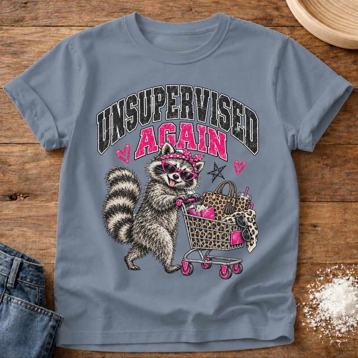 Knead More Fun Unsupervised Thrifting Raccoon t-shirt in Blue Jean