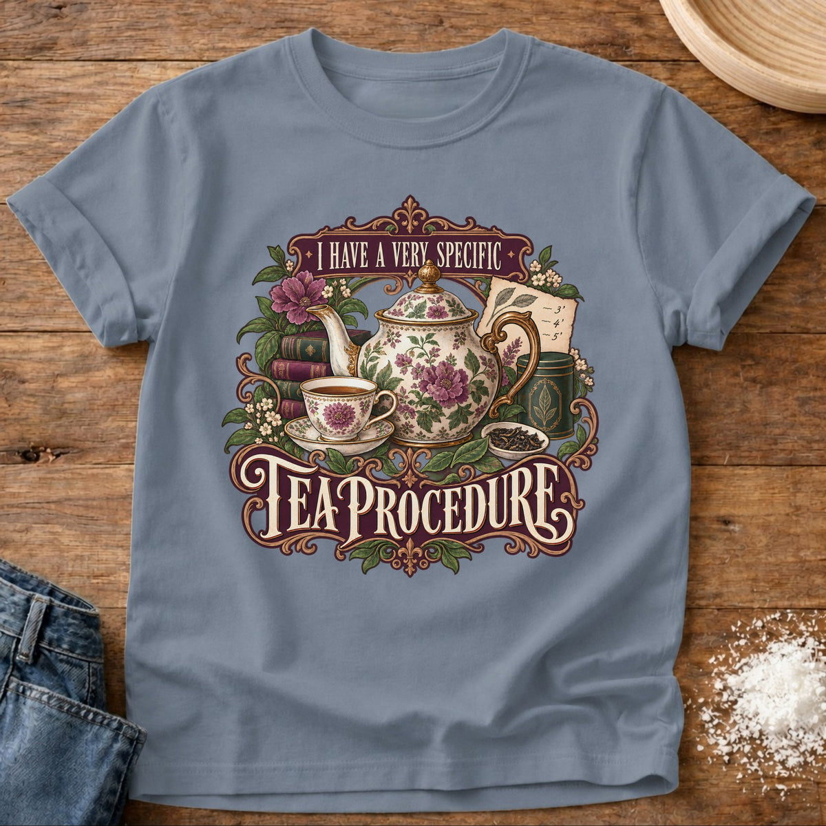 Knead More Fun Tea Proceedure t-shirt in Blue Jean
