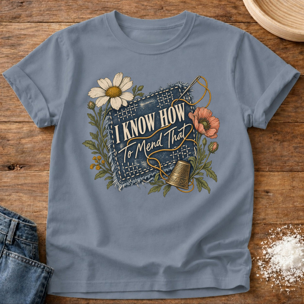 Knead More Fun Mend That t-shirt in Blue Jean