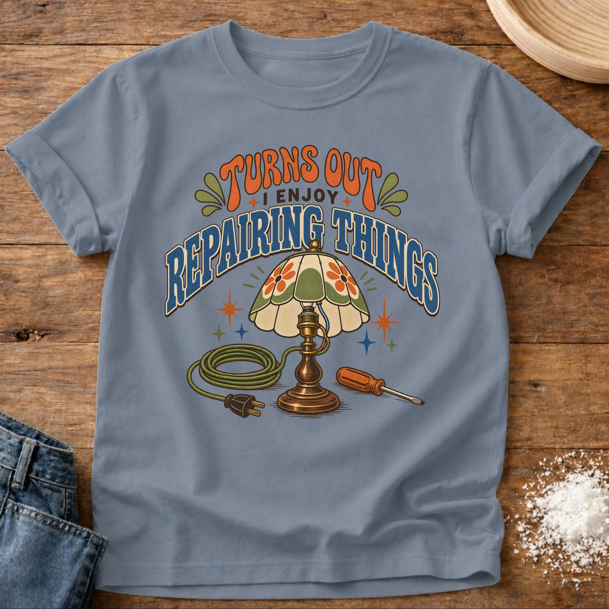 Knead More Fun Enjoy Repairing t-shirt in Blue Jean
