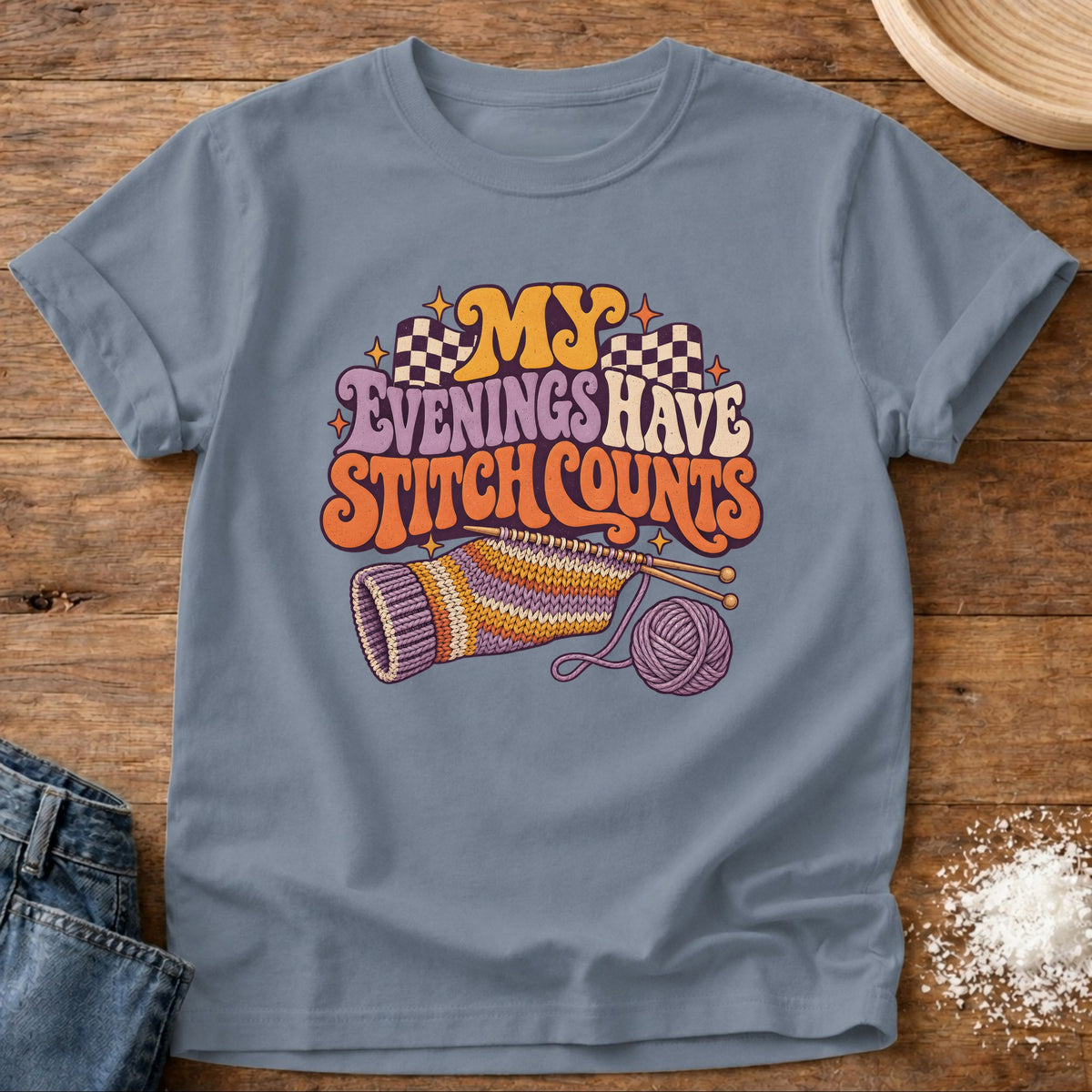 Knead More Fun Stitch Count Evenings graphic t-shirt in Blue Jean