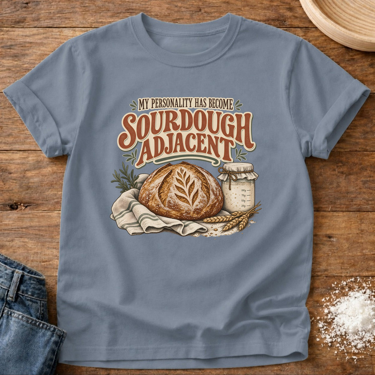 Knead More Fun Sourdough Adjacent t-shirt in Blue Jean