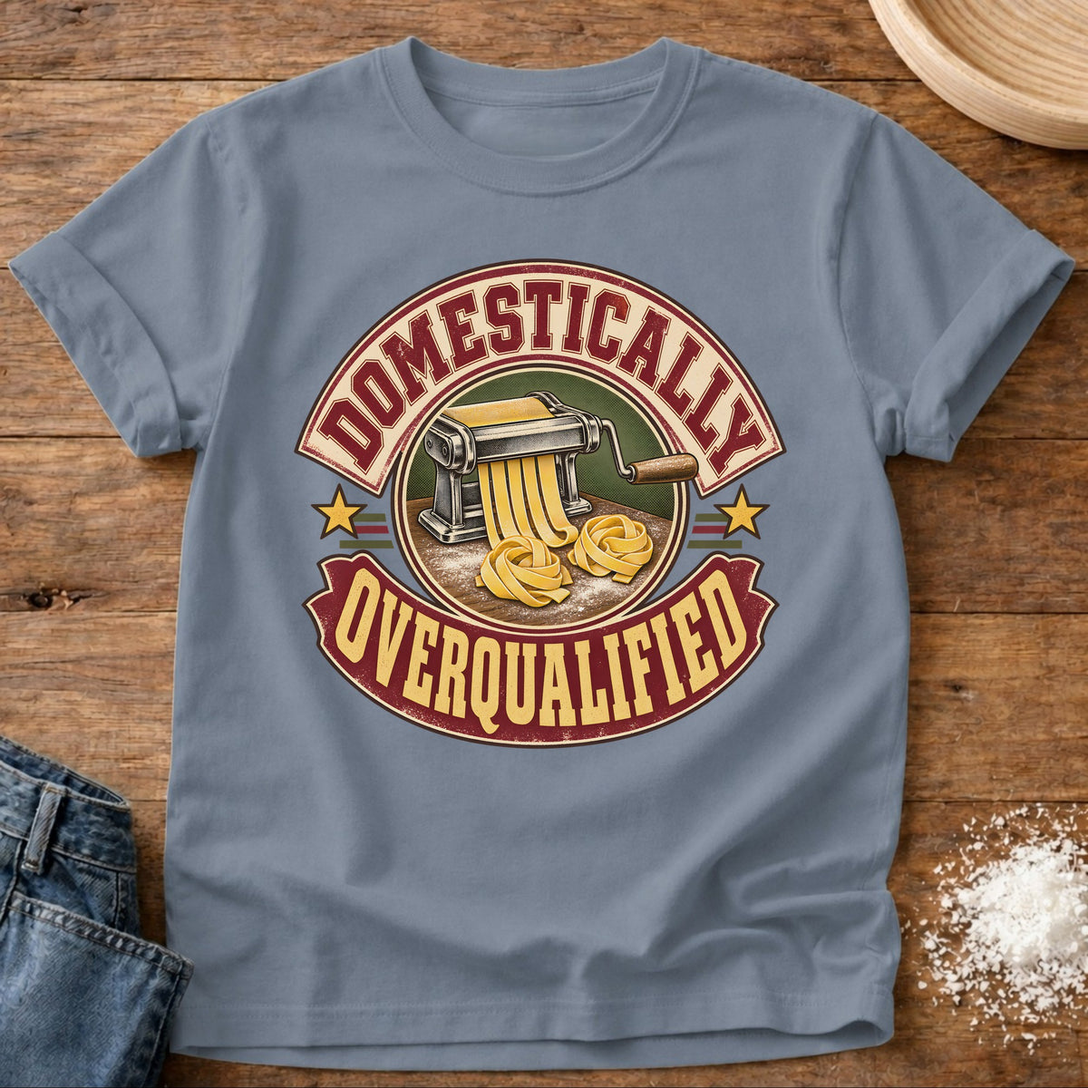 Knead More Fun Domestically Overqualified t-shirt in Blue Jean