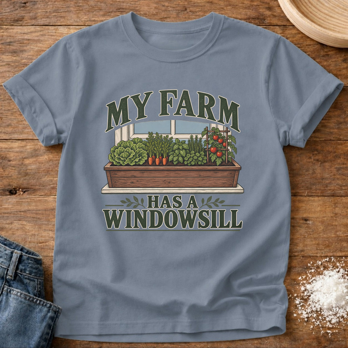 Knead More Fun Windowsill Farm graphic t-shirt in Blue Jean