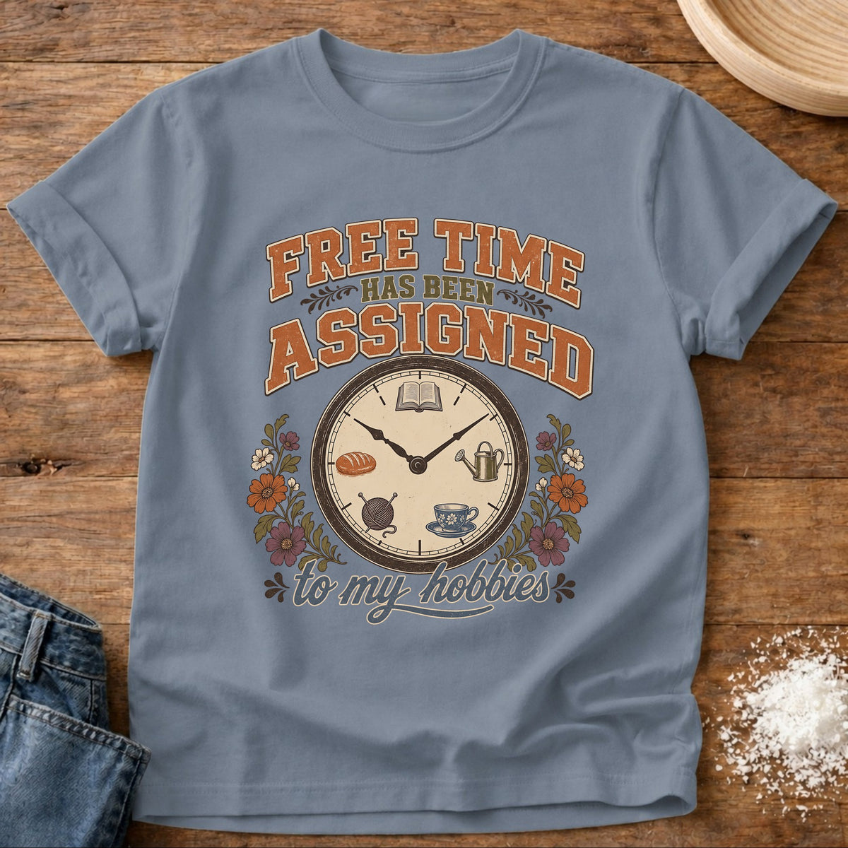 Knead More Fun Free Time Assigned graphic t-shirt in Blue Jean