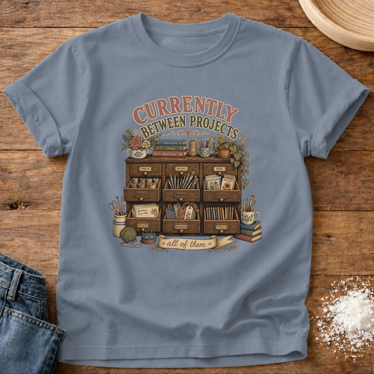 Knead More Fun Between Projects graphic t-shirt in Blue Jean