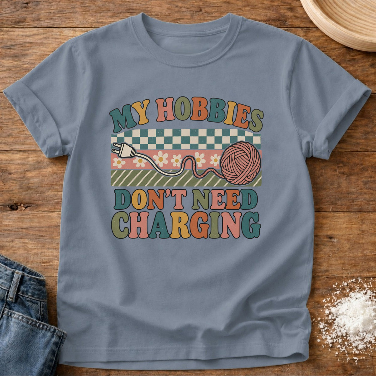 Knead More Fun Don’t Need Charging graphic t-shirt in Blue Jean