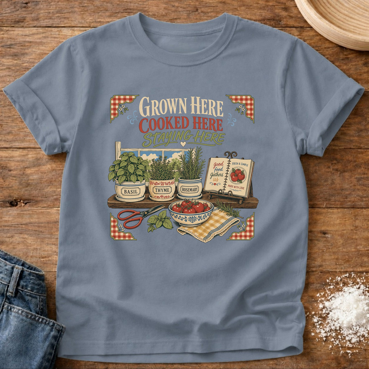 Knead More Fun Grown Here graphic t-shirt in Blue Jean