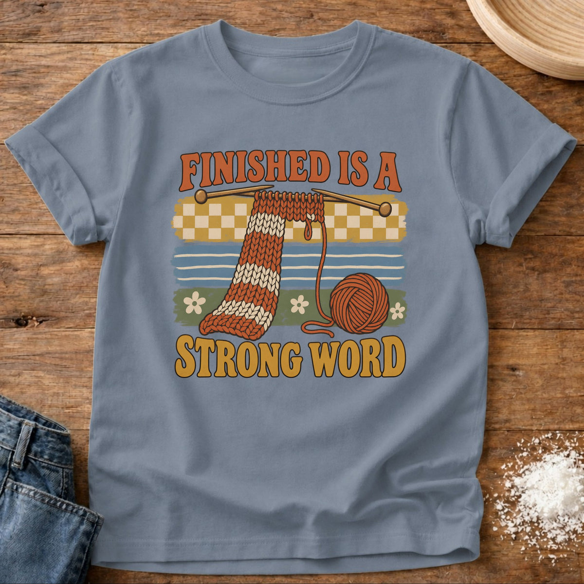 Knead More Fun Strong Word graphic t-shirt in Blue Jean