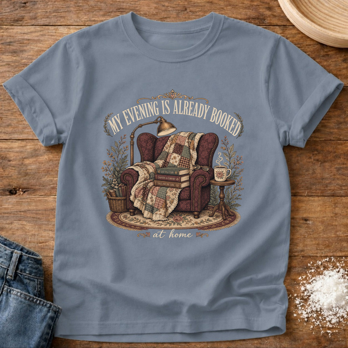 Knead More Fun Booked At Home graphic t-shirt in Blue Jean